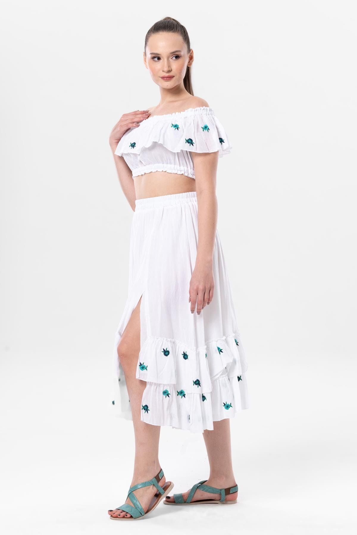 Eliş Şile Bezi-Lavinya Voile Embroidered Long Summer Skirt White Byz 2