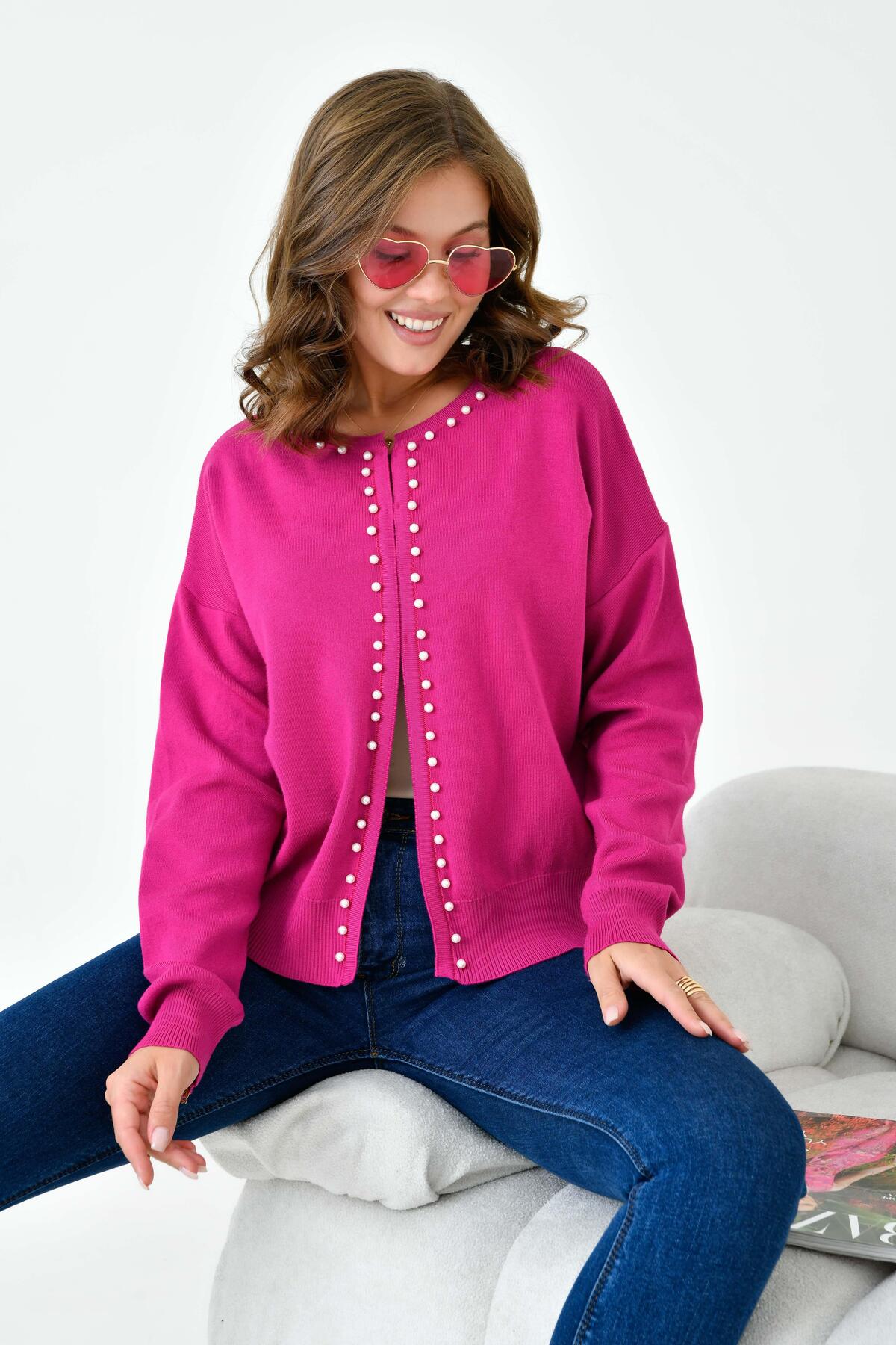 FTZ WOMEN  Kadın İnci Detaylı Hırka Fuşya 20808 - Görsel 2