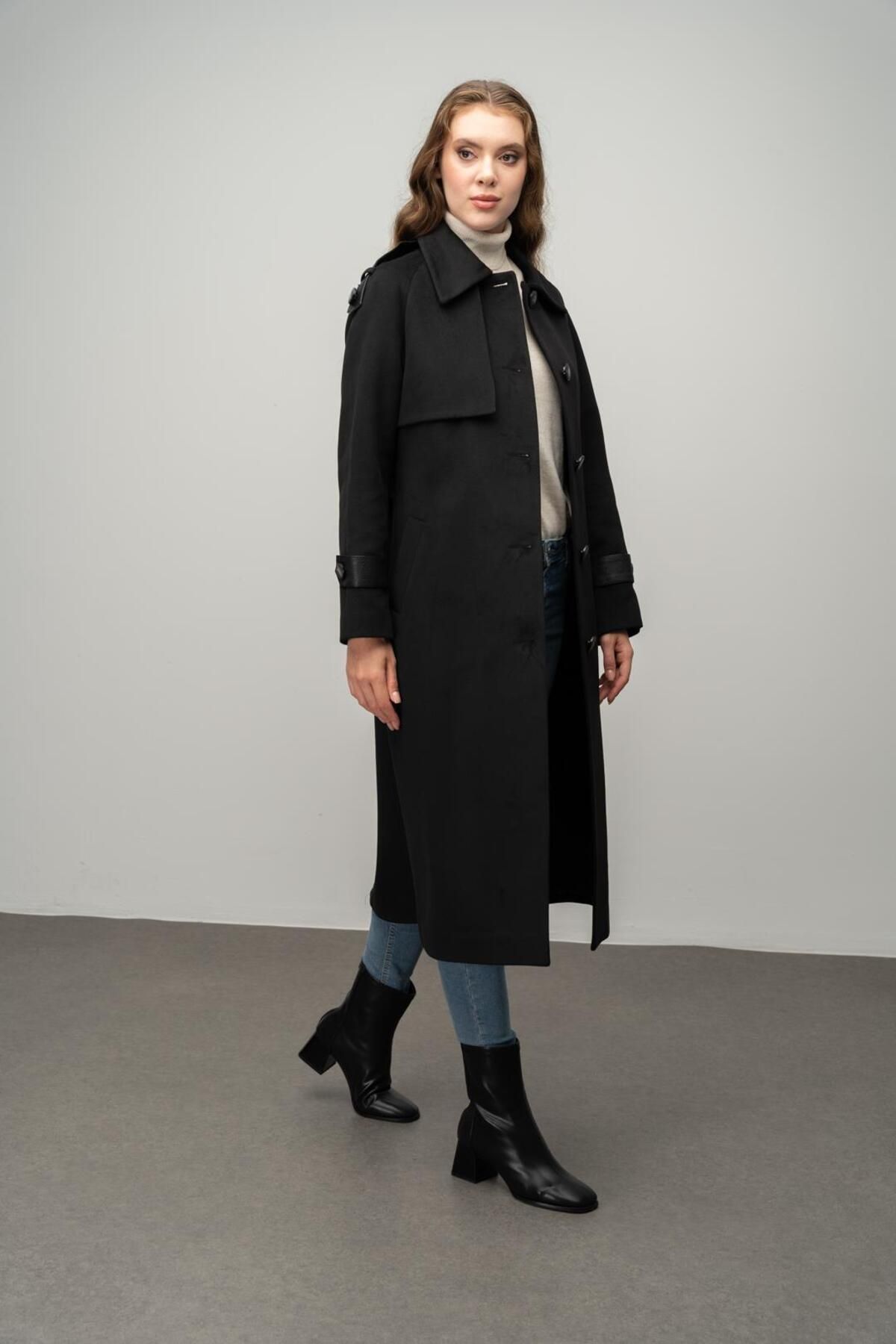 Olcay-Black Cashmere Coat - Genuine Leather, Intermediate Length, Waist Tied 3030-K 6