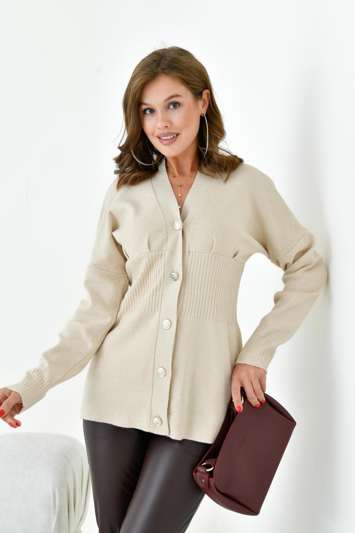 FTZ WOMEN  Kadın Düğme Detaylı Hırka Bej 20910 - Görsel 6