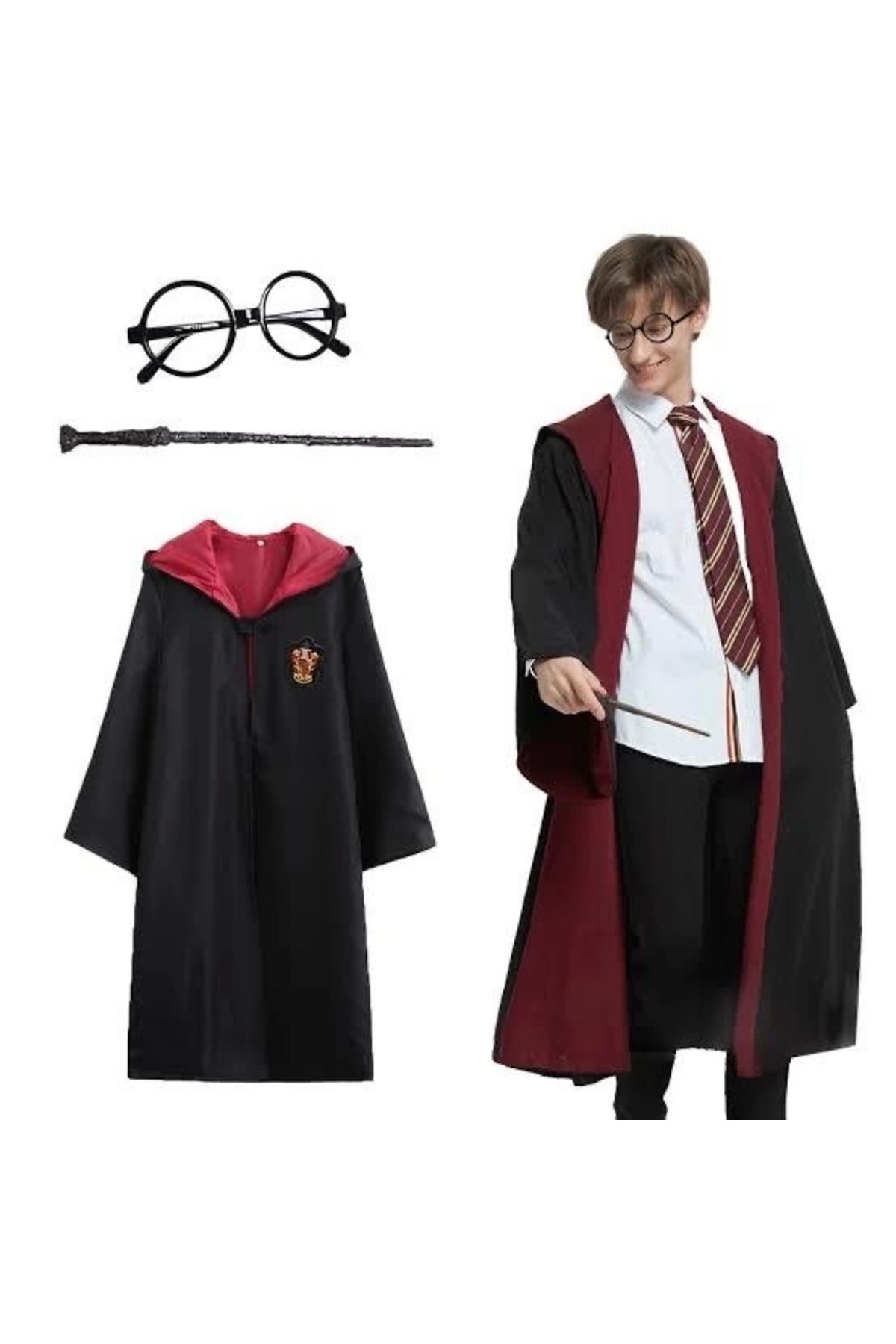 KdrElektronik Çocuk Harry Potter Gryffindor Kapişonlu Çocuk Kostüm + Asa + Gözlük Seti 7-8 Yaş