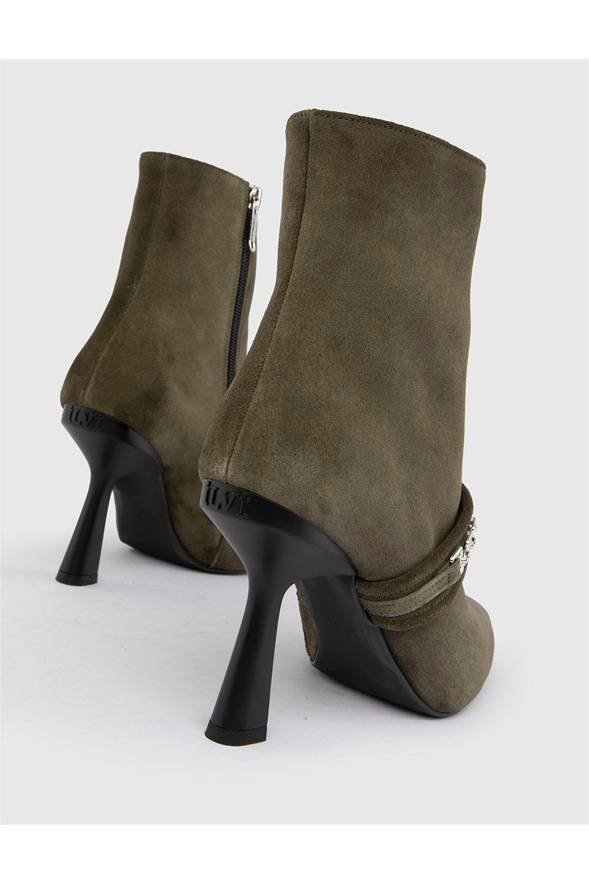 İLVİ-Neal Genuine Suede Leather Women's Khaki Heeled Boots 4