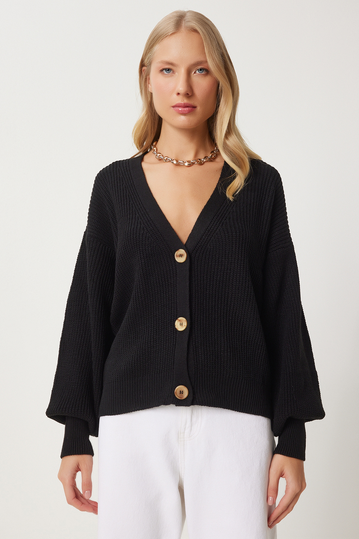 Happiness İstanbul Dámský černý pletený svetr s výstřihem do V ZA00025