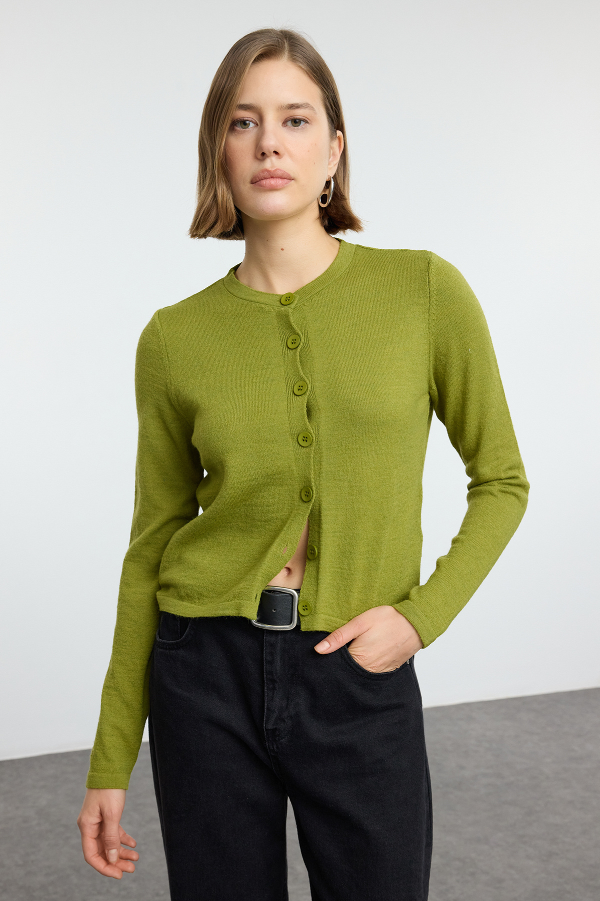 Trendyolmilla  Yeşil Yünlü Ceket Görünümlü Triko Hırka TWOAW25HI00049 - Görsel 2