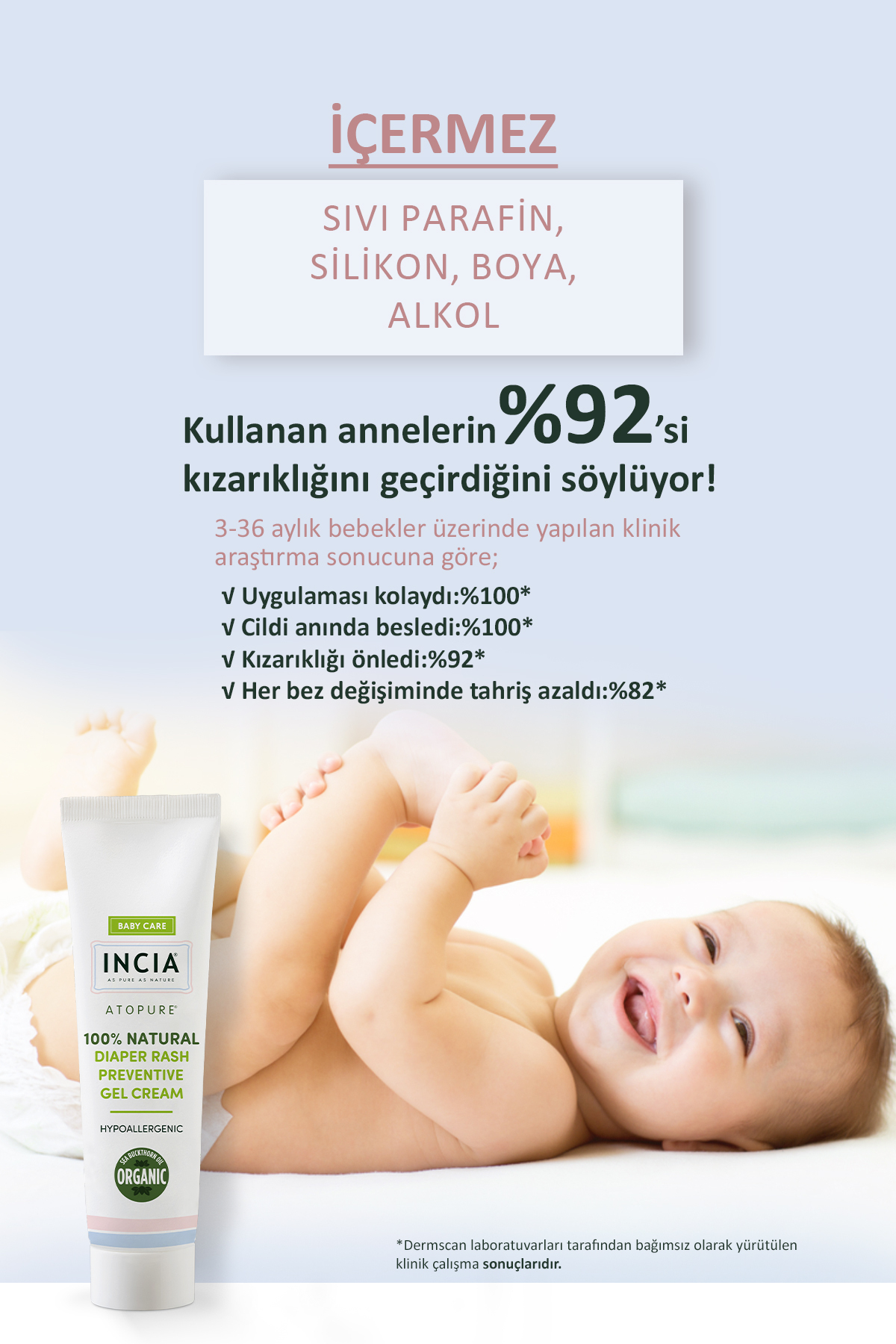 INCIA %100 Doğal Pişik Önleyici Jel Krem 60 ml & %100 Doğal Bebek Yağı Organik Masaj Yağı 110 ml Set fotoğrafı 3 (önizleme)