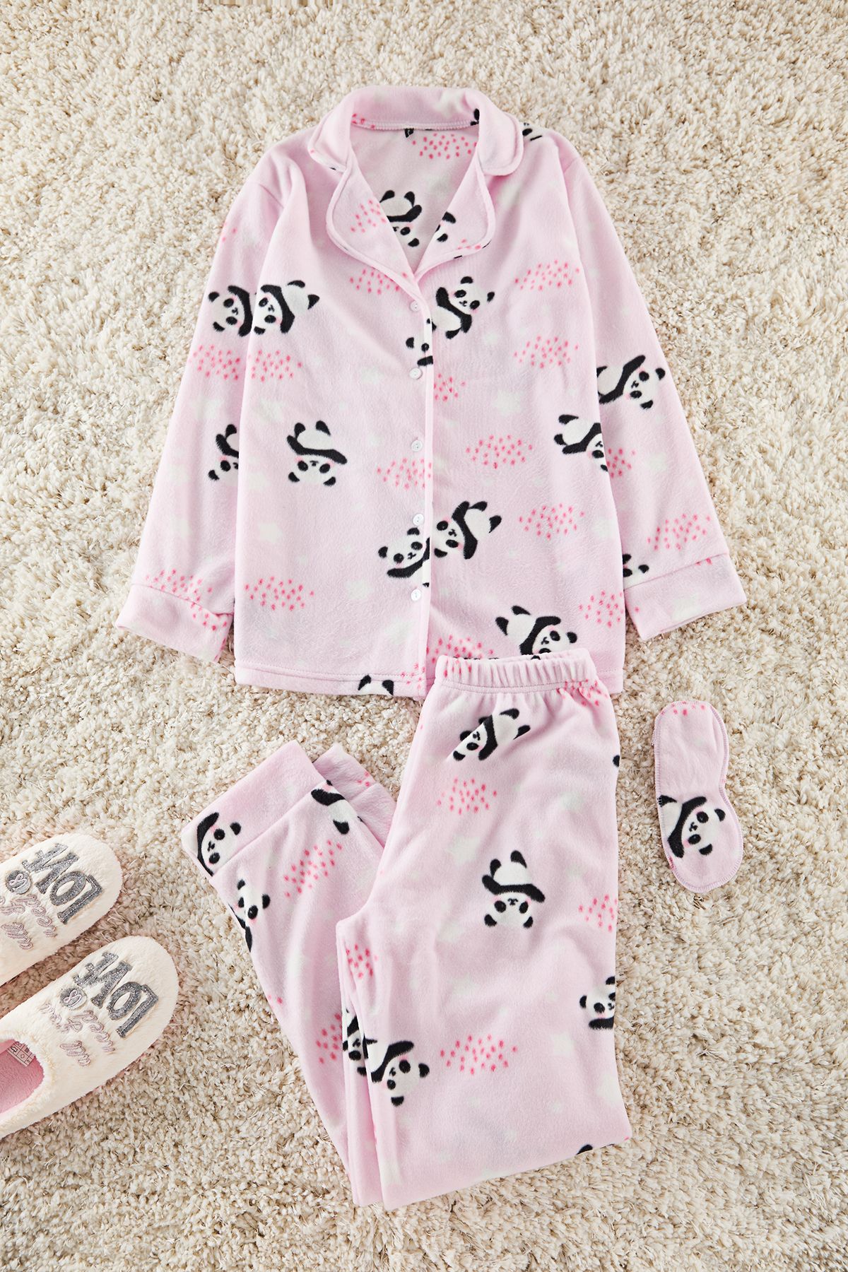 Trendyol Collection Piżama Dzianinowa W Pandę W Jasnoróżowym Kolorze I Opaska Do Spania - Thmaw22pt0359 Kobieta - XL