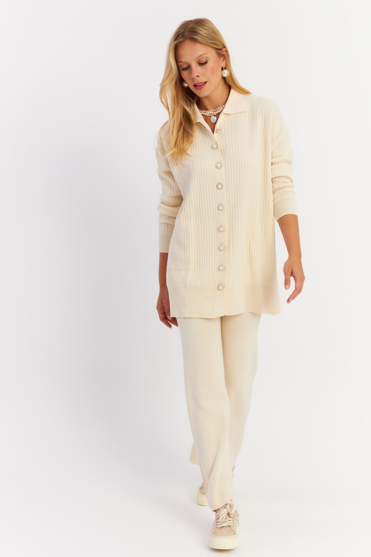 Cool & Sexy-Ecru Women's Knitwear Cardigan and Bottom Set - Pearl Buttoned Nuv26 6