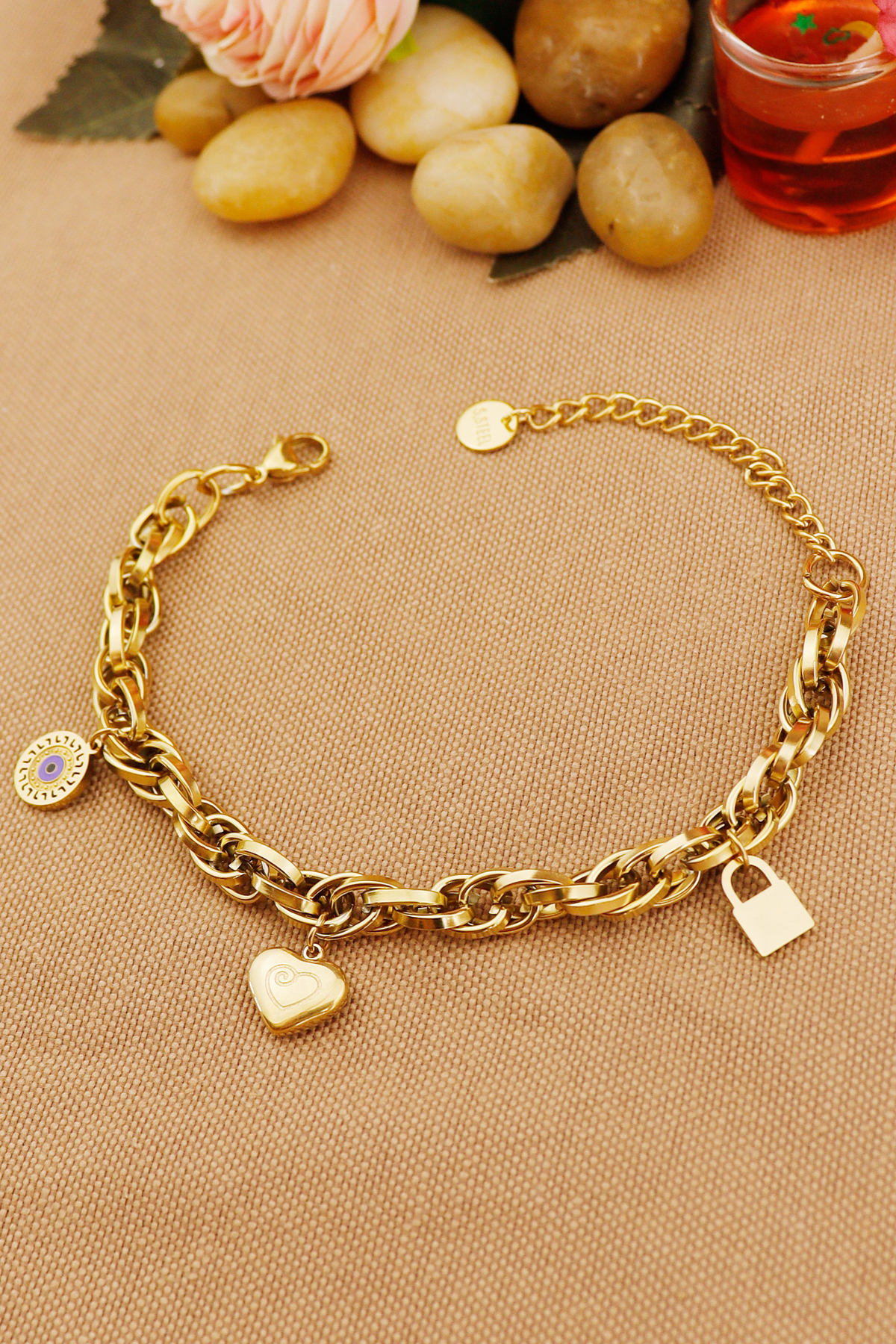 Keyifli Hayaller  İç İçe Sarmal Halka Kilit-Kalp-Nazar Charmlı 316L Çelik Kararmaz Solmaz Çelik Bileklik 18+5 cm - Görsel 5