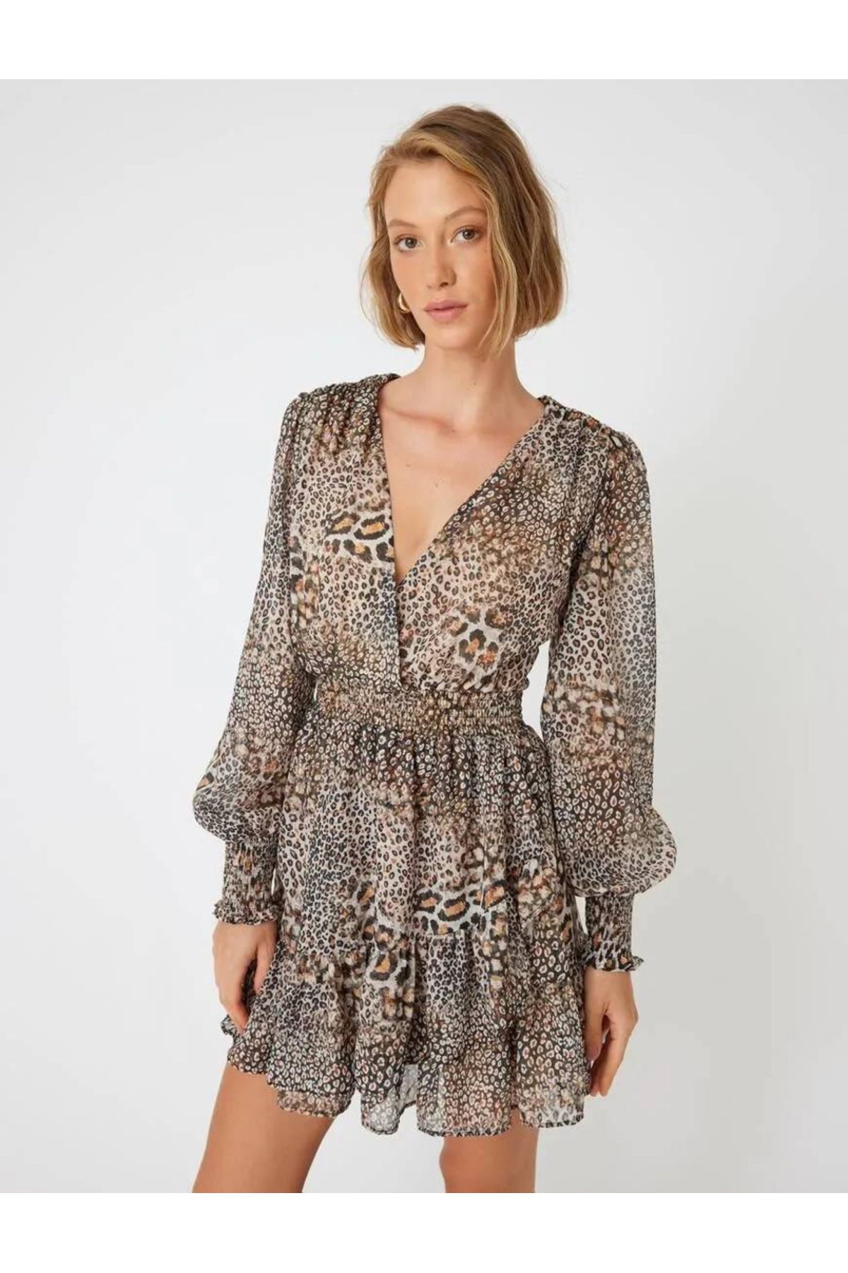 Koton-Leopard Print ChiffonMiniDress - Double Breasted Collar and Balloon Sleeves 2