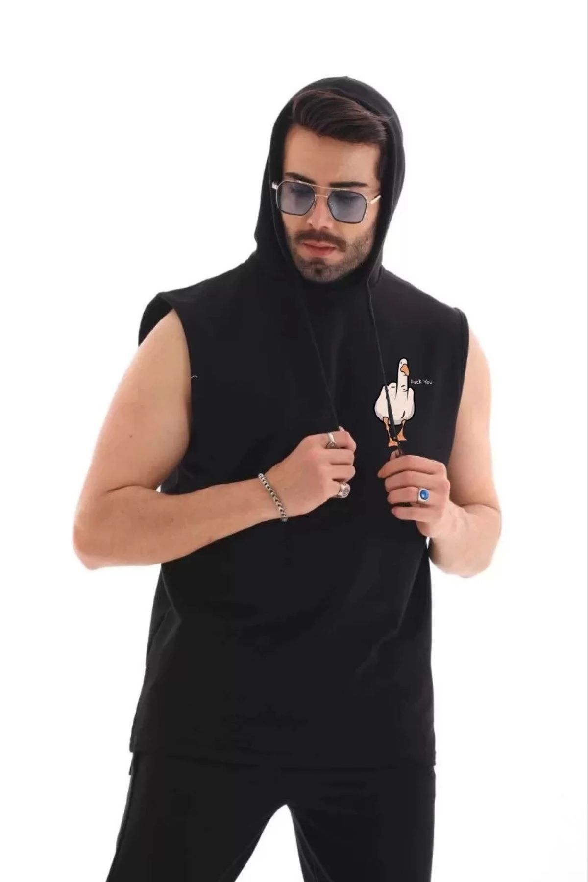 CVS Unisex Kapşonlu Kolsuz Oversize Baskılı Tişört - Siyah