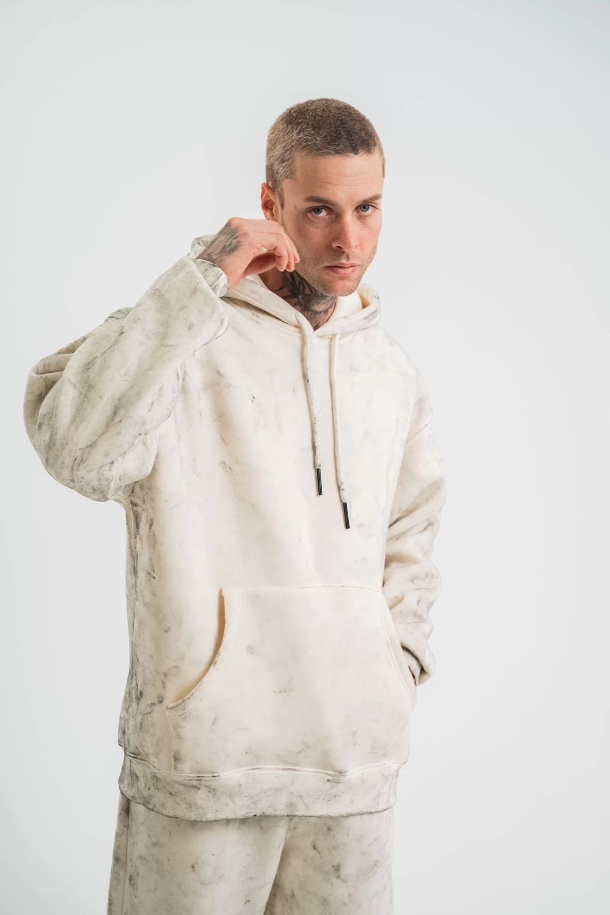 SA Alişveriş Dünyam Unisex Double Oversize Kapşonlu Yıkamalı SweatShirt - Krem