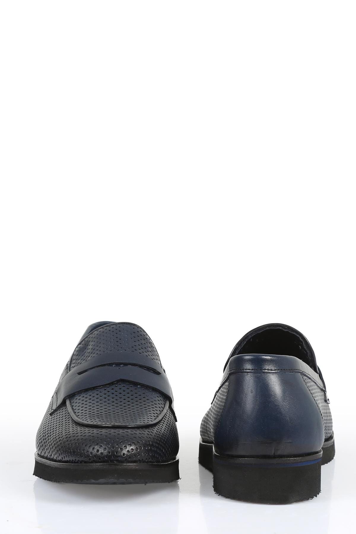 CassidoShoes-Men's Navy Blue Leather Staple Patterned Eva Classic Shoes - 023-653 7