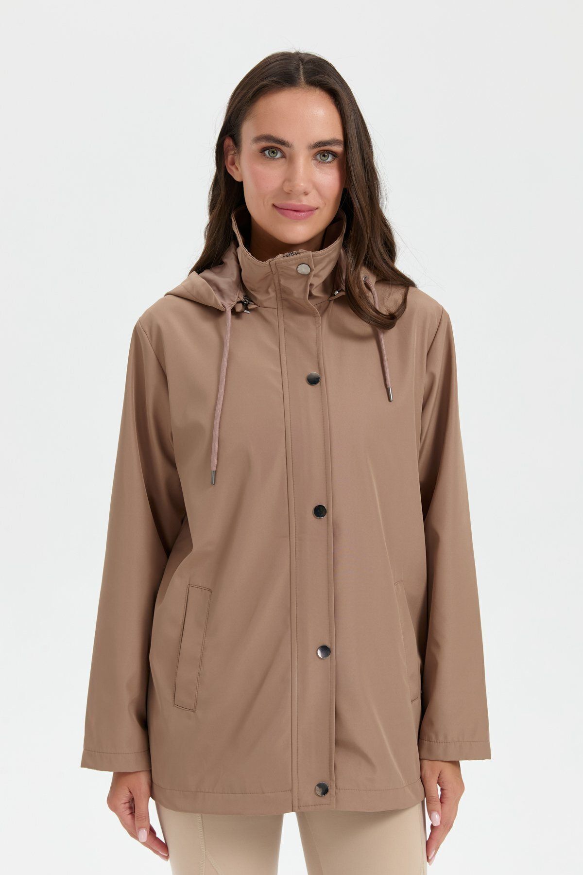 Desen Triko-Trench scurt pentru femei Mink cu glugă - Buzunare laterale 7