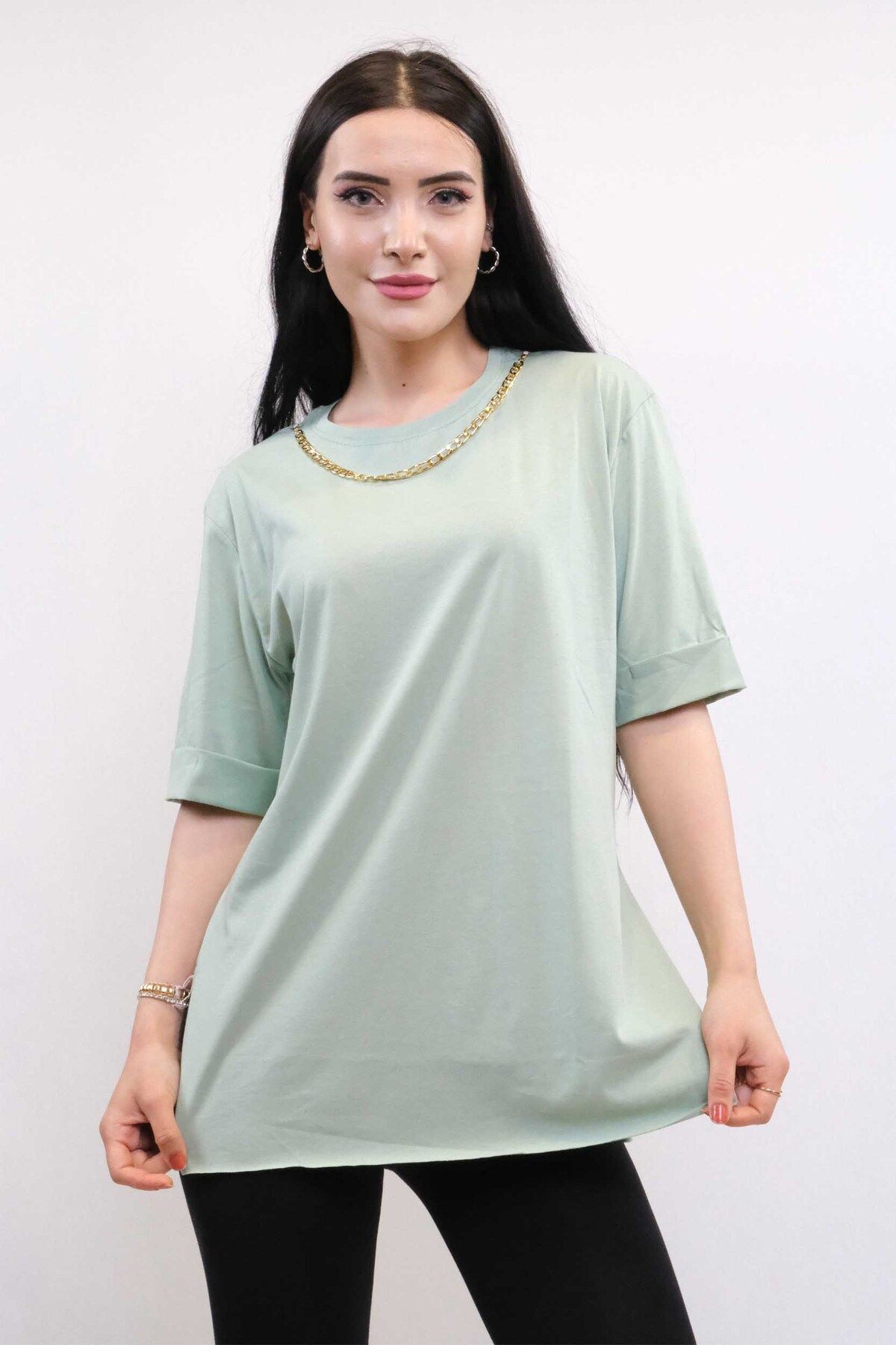 COXO Fashion`S Moda Çizgi Chain Accessory Tshirt Mint