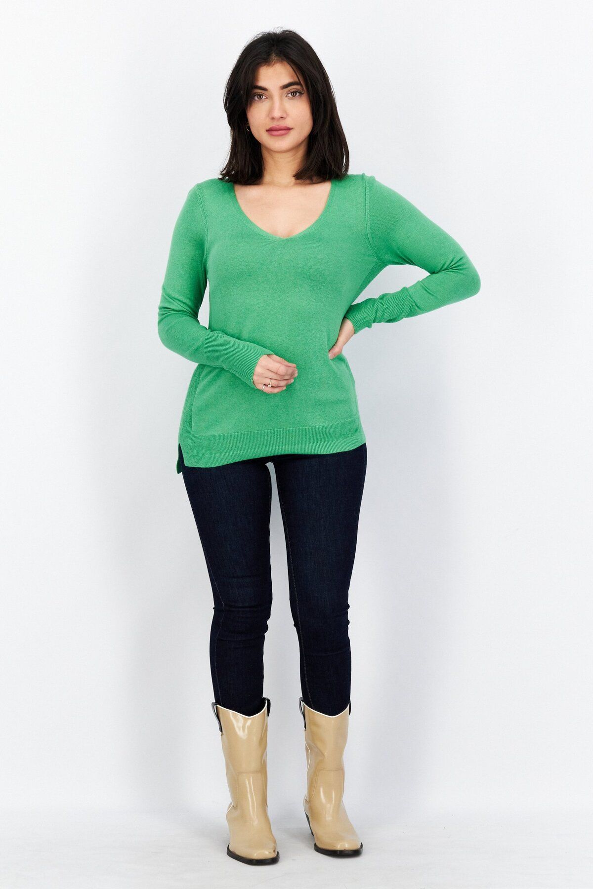 Esprit-Women V-neck Long Sleeve Textured Sweater, Green 2