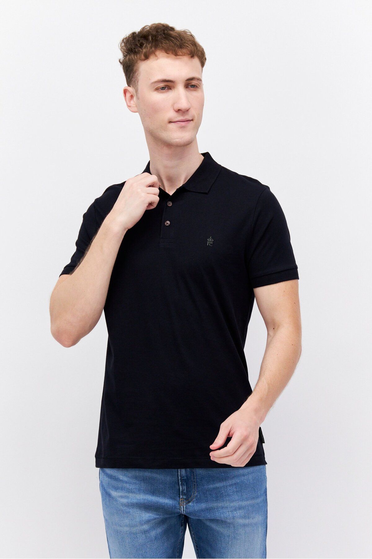 French Connection-Men Regular Fit Brand Logo Short Sleeves Polo, Black 1