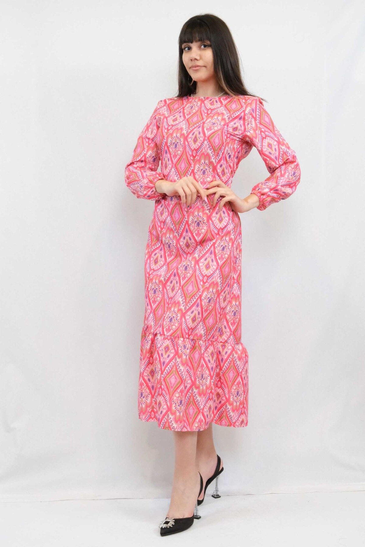 COXO Fashion`S Moda Çizgi Paisley Pattern Dress Fuchsia