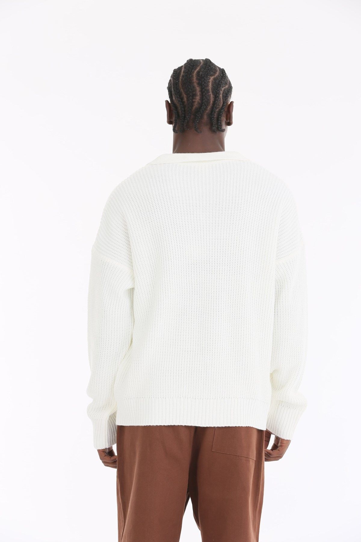 The Champ Clothing-Polo Neck Knitted Knitwear Ribbed White Oversize Men's Sweater 2