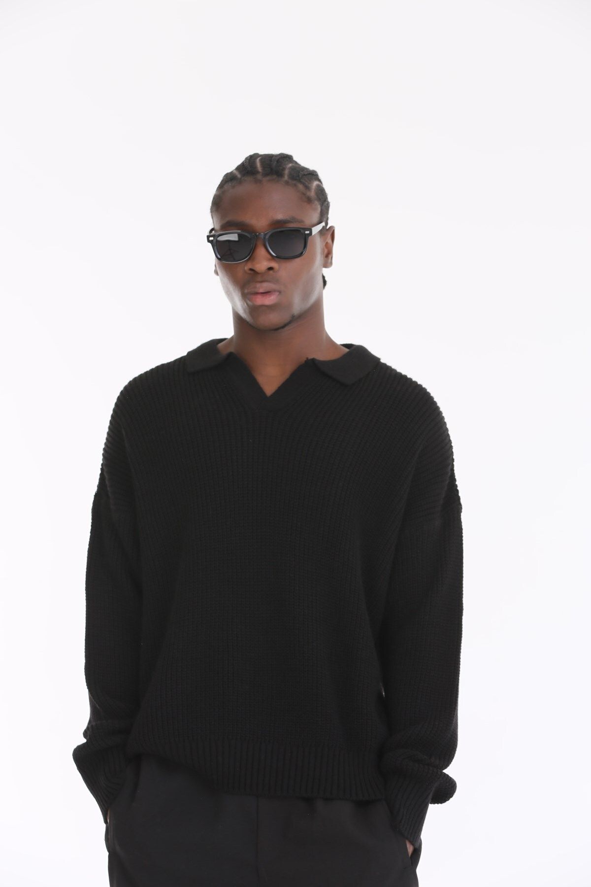 The Champ Clothing-Polo Neck Knitted Knitwear Ribbed Black Oversize Men's Sweater 7