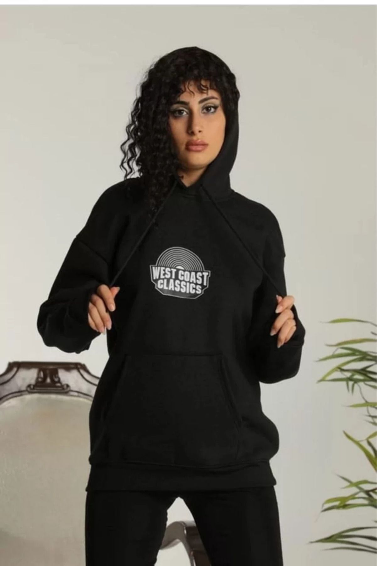 SA Alişveriş Dünyam Unisex Sırt Baskılı Kapüşonlu Üç İplik Oversize Sweatshirt - Siyah