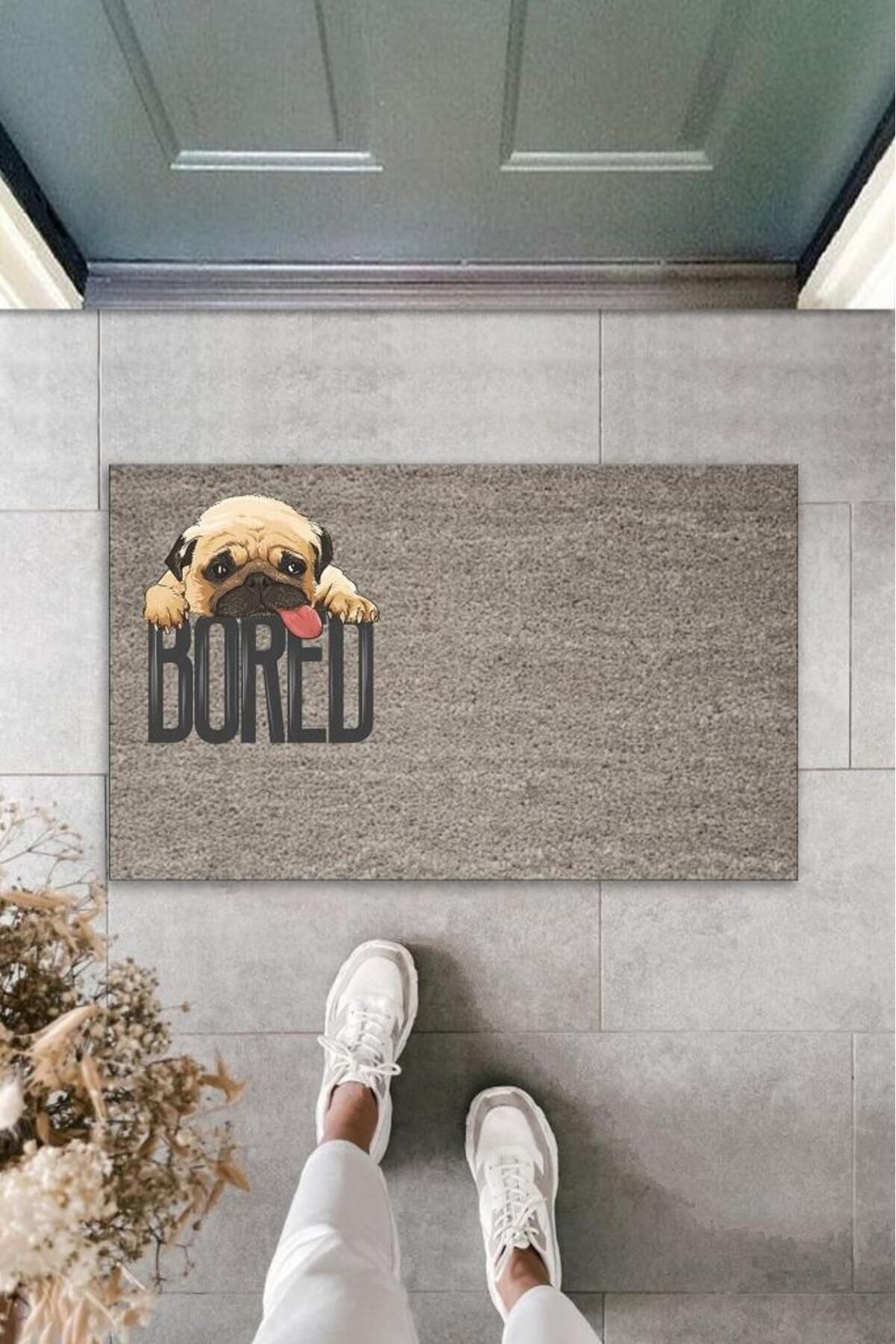 Home Dijital Baskı Gri Bored Köpekli Dekoratif Kapı Paspası K-2081