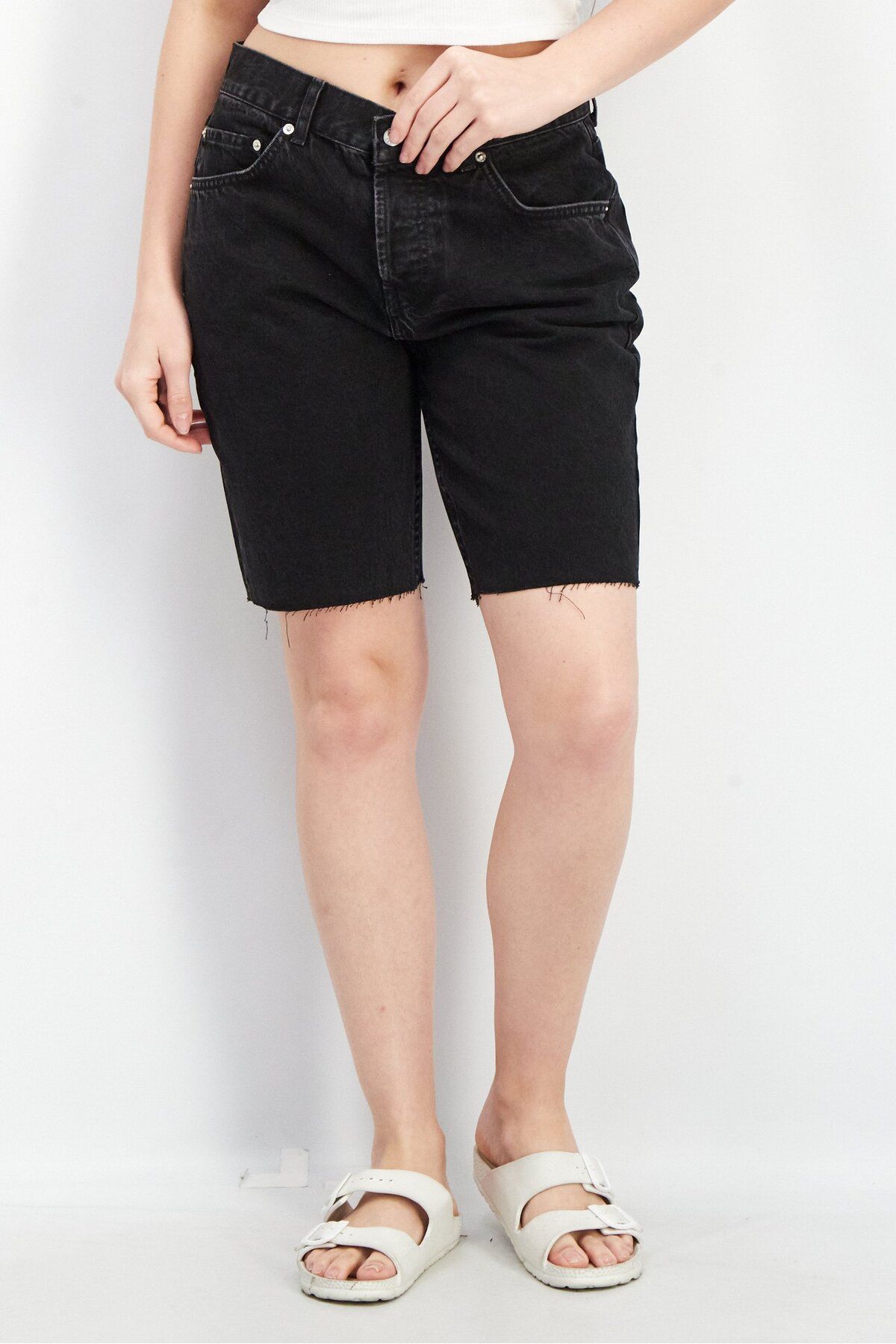 Asos Design-Women Petite Wash Denim Shorts, Black 1
