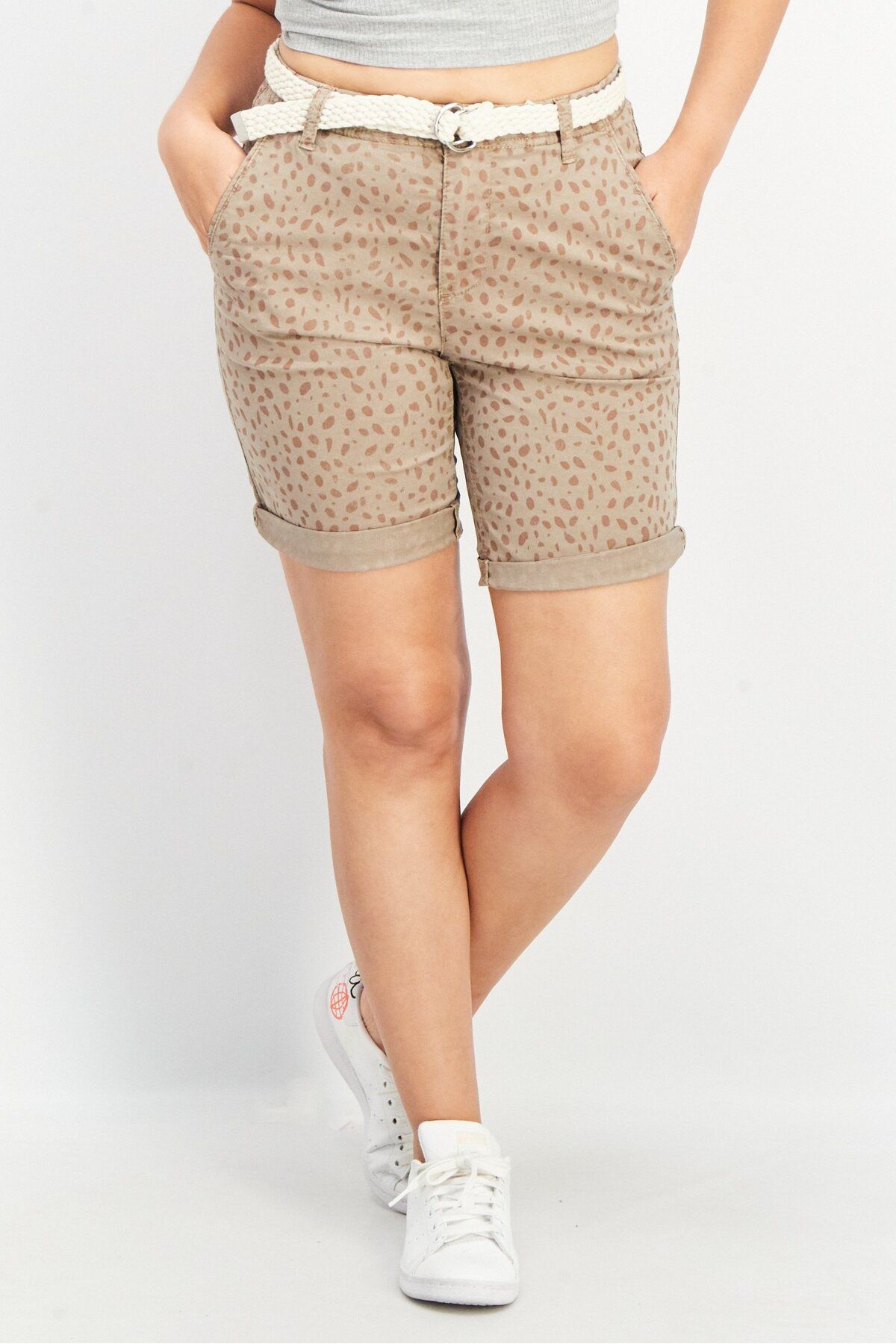 Esprit-Women Belted Allover Print Shorts, Brown 1