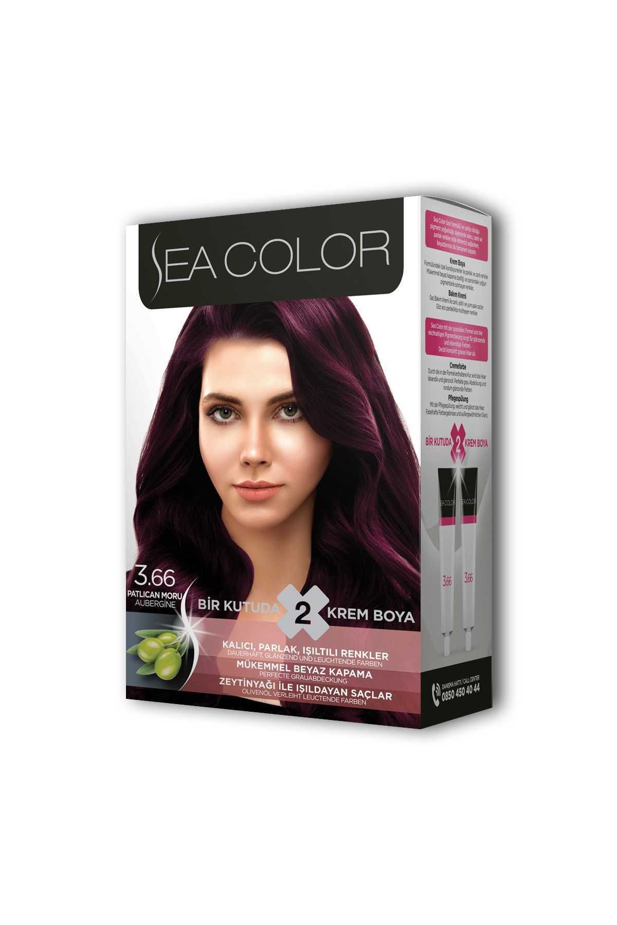 Sea Color 2 Tüp Krem Saç Boyası Seti Patlıcan Moru No:3.66