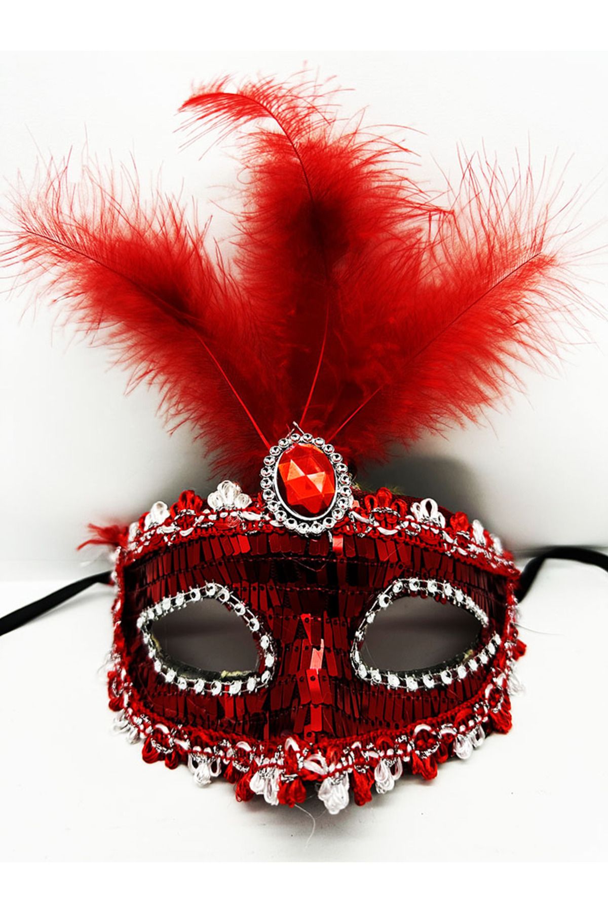 nuit dose-Red Color Sequined Sequin Feather Party Mask 17x20 cm 1