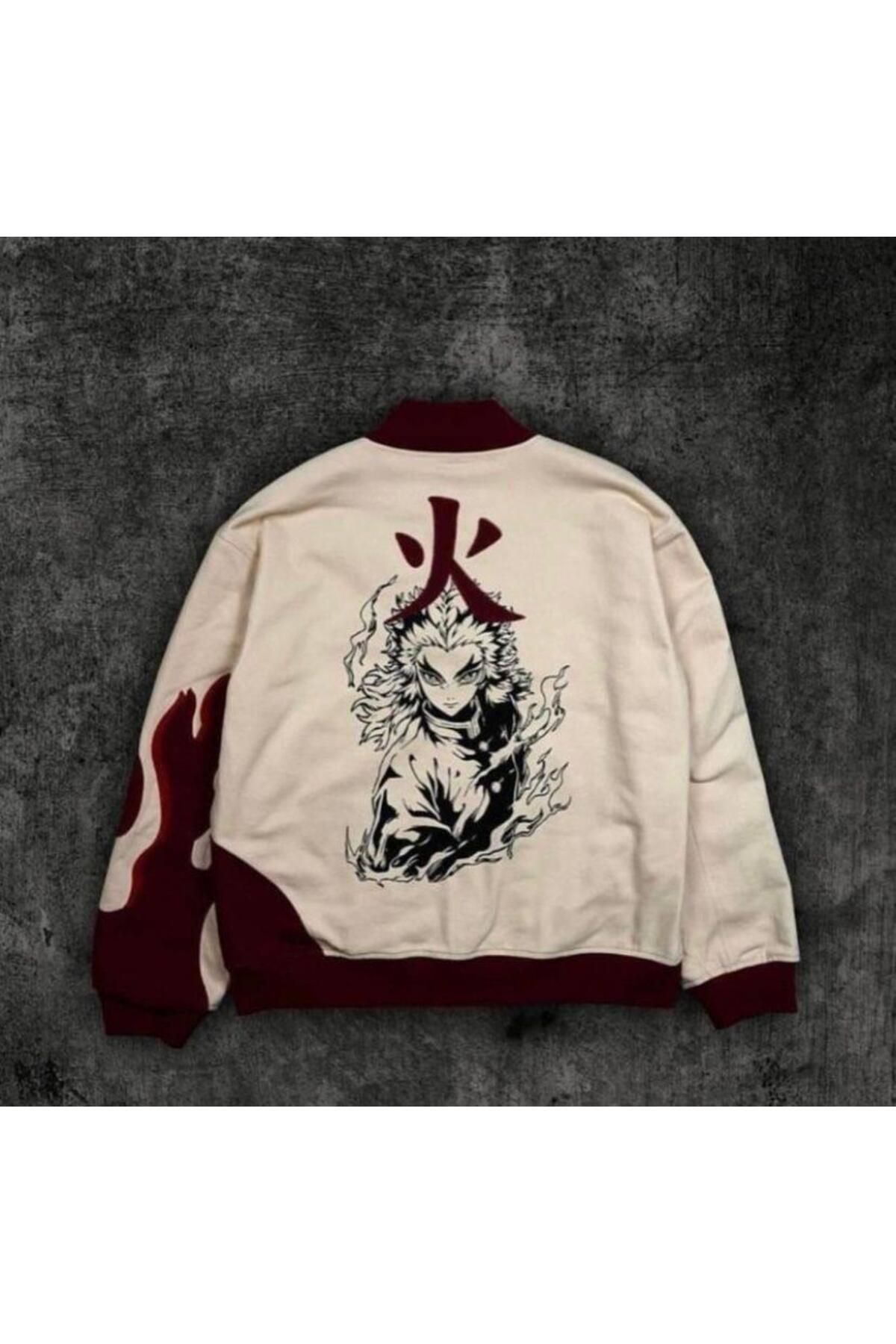 BAREM BUTİK Barem Butik  Bej Anime Flame Hashira Kyojuro Rengoku Unisex Bomber Ceket