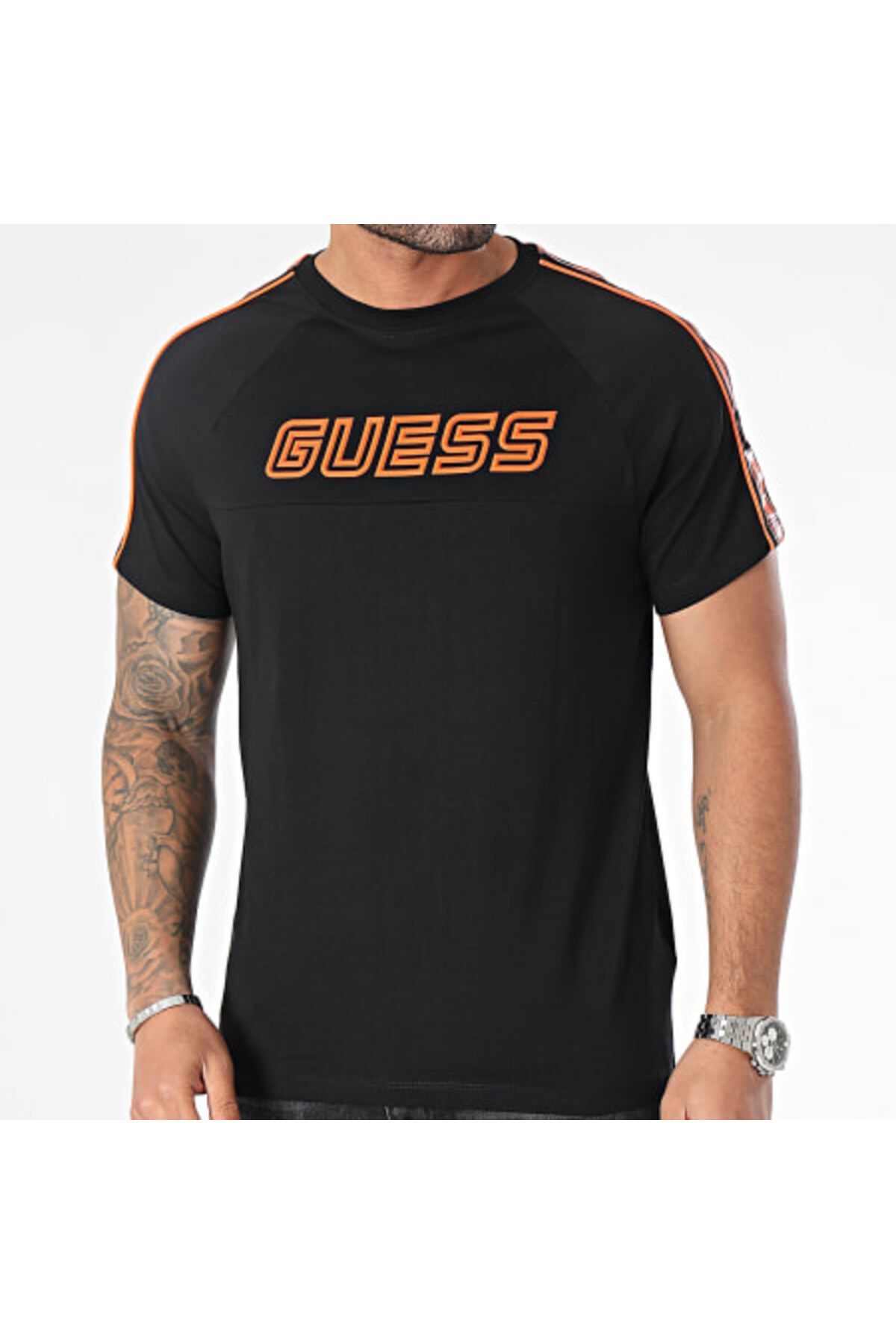 تی شرت مشکی مردانه پیراهن آرم جلو بژ سیاه Guess
