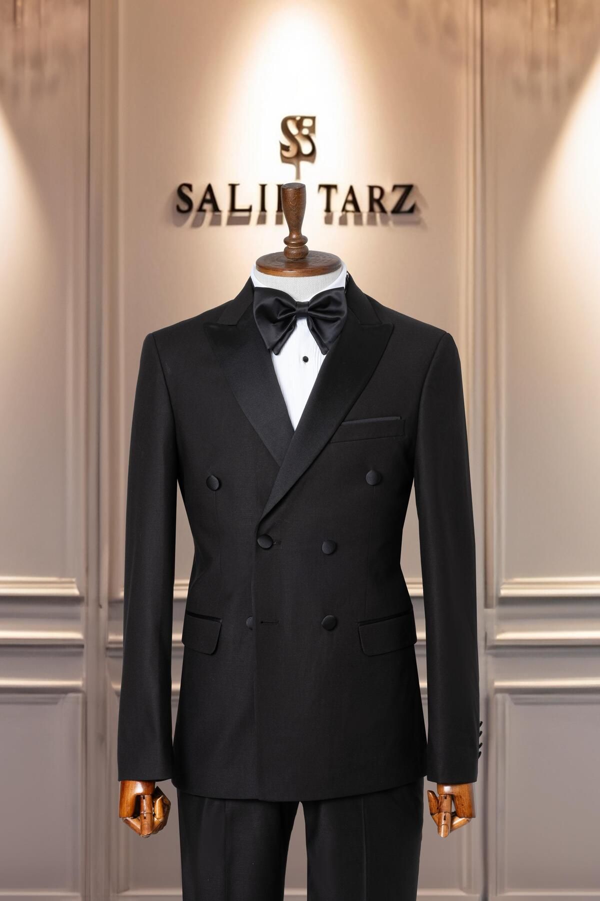 Salihtarzz Damatlık İtalyan Kesim Slim Fit Siyah Kruvaze SD41052
