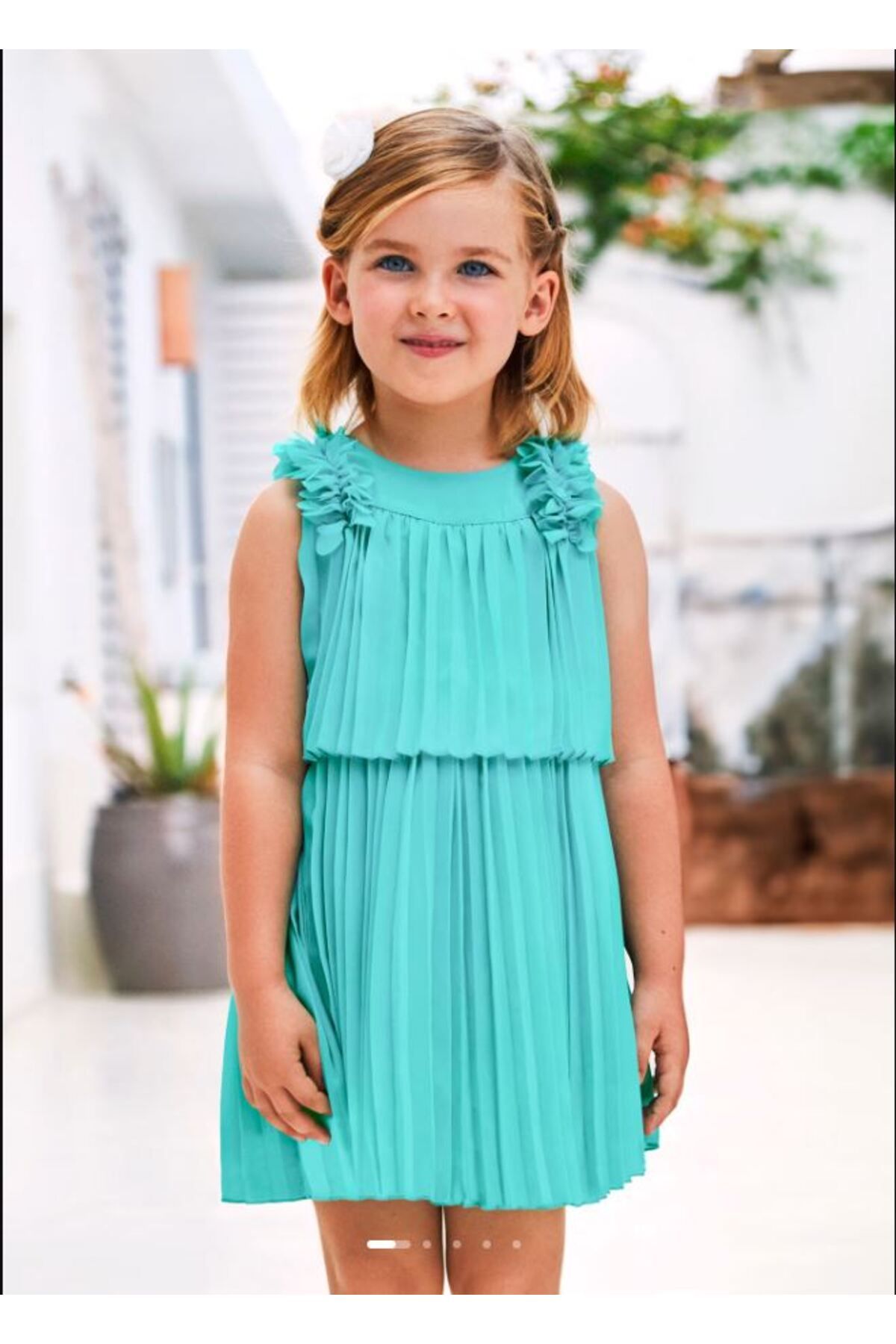 MAYORAL-Turquoise Tiril Layered Pleated Girl's Dress - Shoulder Detail 3920 1