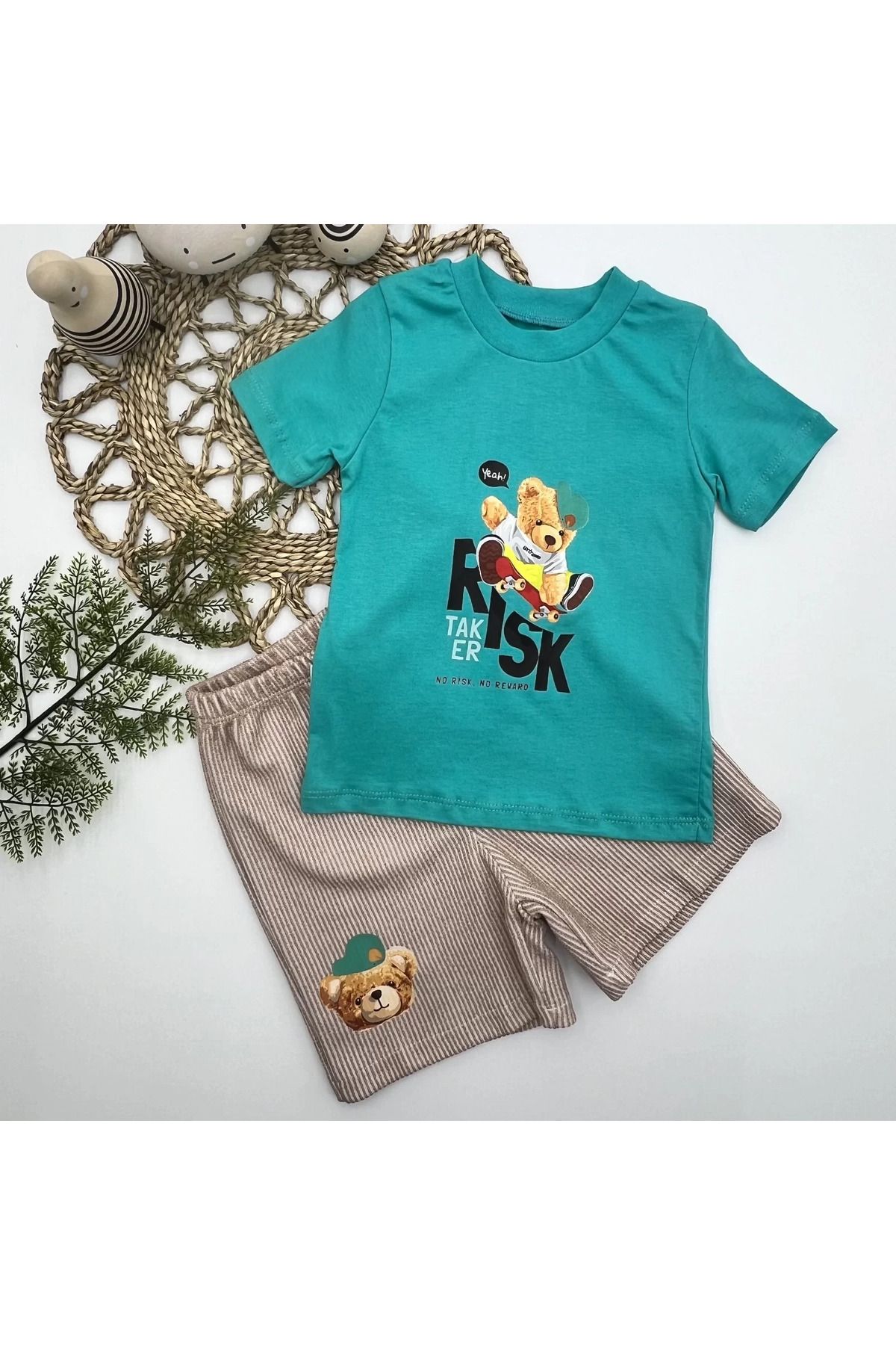 yusuftex Kkcı I Baskılı Şortlu Kısa Kollu Tişört 2li Erkek Bebek Takımı Turkuaz
