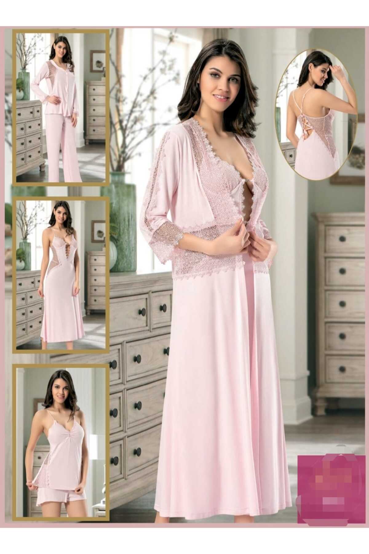 CT MODA Kadın Pudra Özel Tasarım 6 Parça Kutulu Pamuk Dantelli  Güpürlü  Gelin Çeyiz Seti