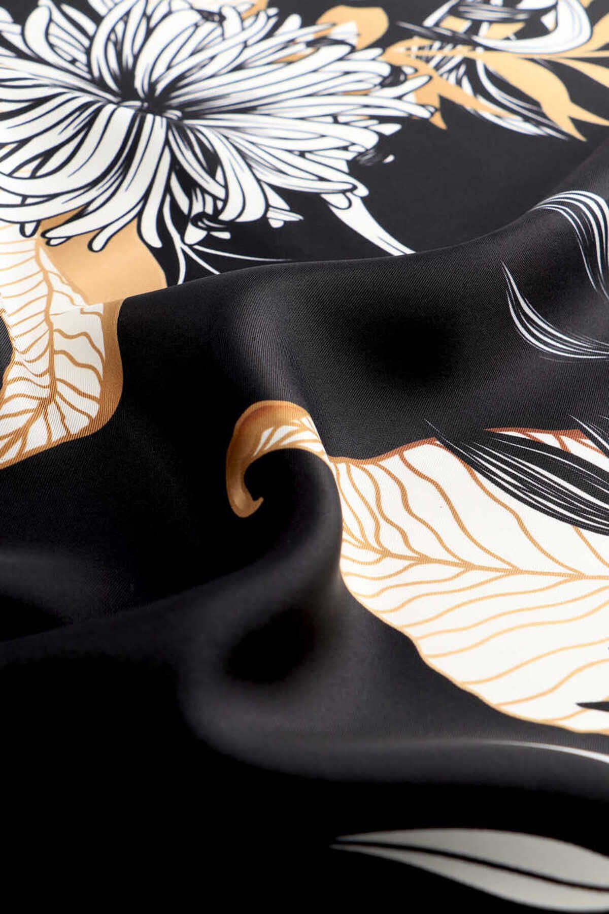 Bursa İpek-Black Cascade Pattern Twill Silk Scarf 3