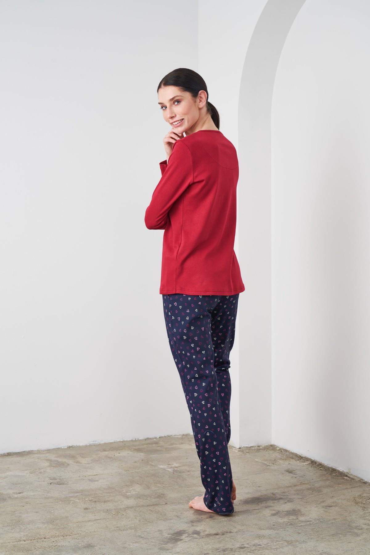 PJS-24540 Set de pijamale de damă cu mânecă lungă din bumbac roșu Claret 3