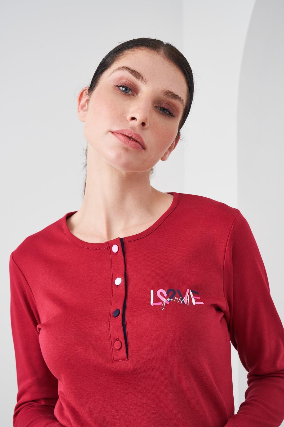 PJS-24540 Set de pijamale de damă cu mânecă lungă din bumbac roșu Claret 5