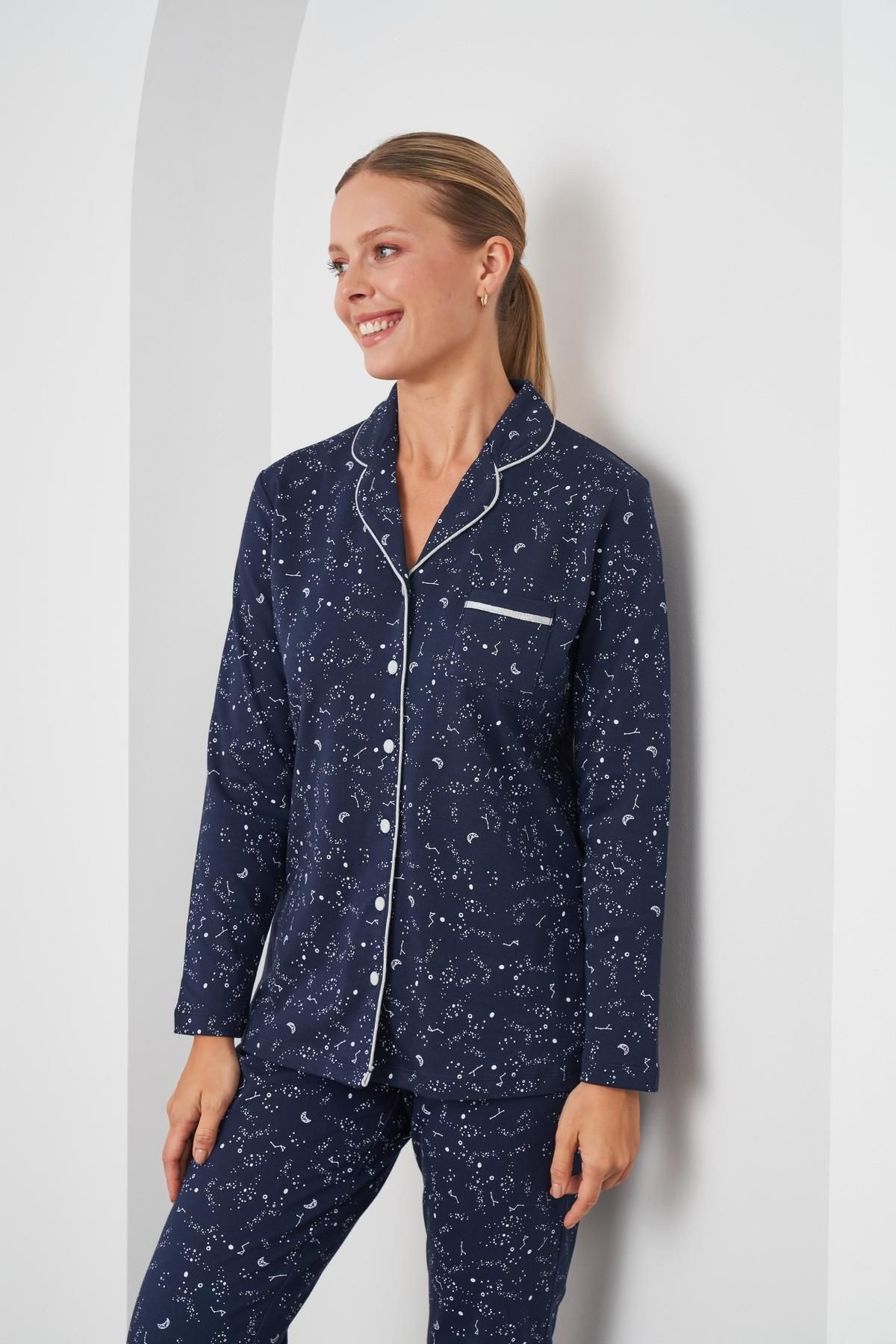 PJS-24545 Navy Blue Cotton Long Sleeve Front Buttoned Women's Pajamas Set 5