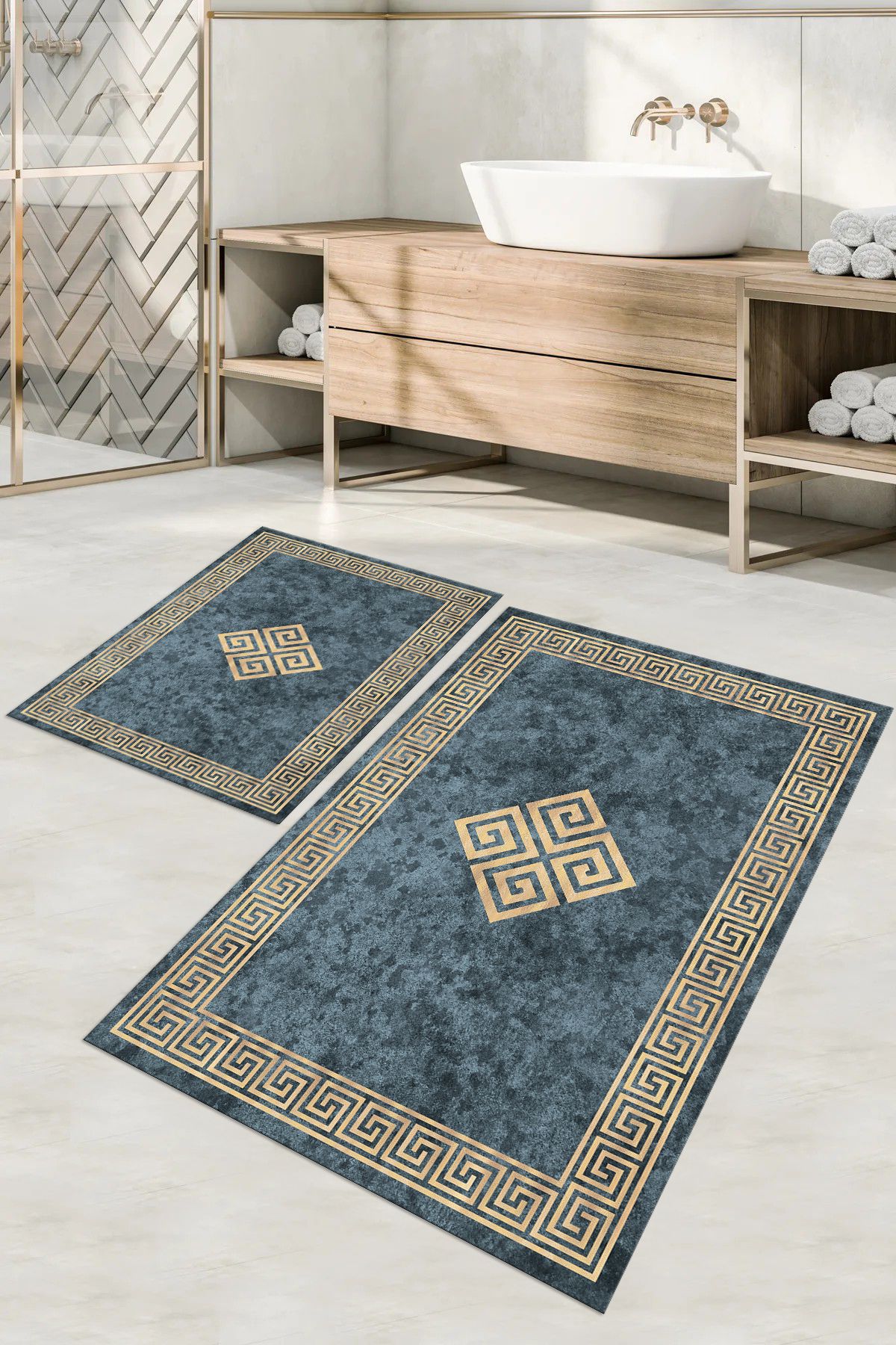 Napoli Home-Set de scaune de toaletă pentru baie model clasic, lavabil, imprimat digital, cu cadru, KLOZET-54-ALBASTRU, 1