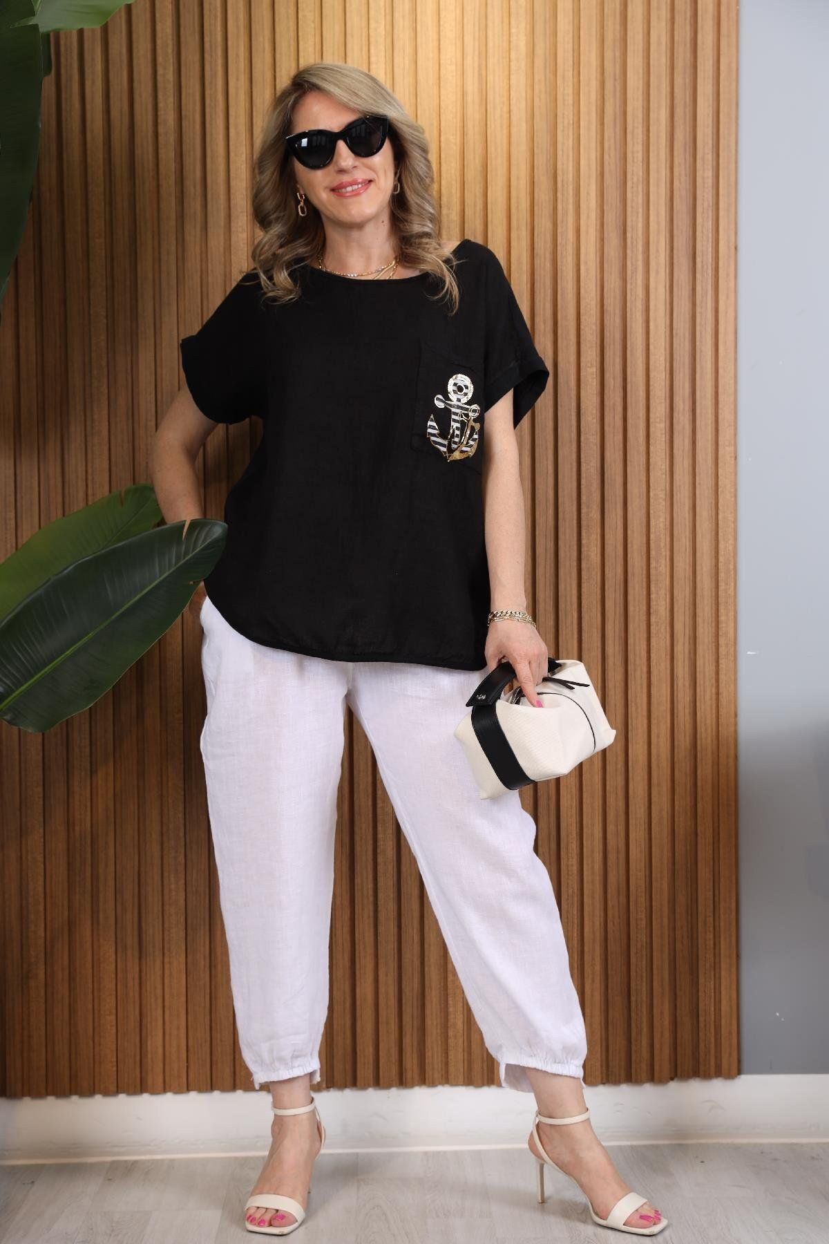 MİSLİNA BUTİK-Black T-shirt - Imported Pocket and Anchor Pattern 2