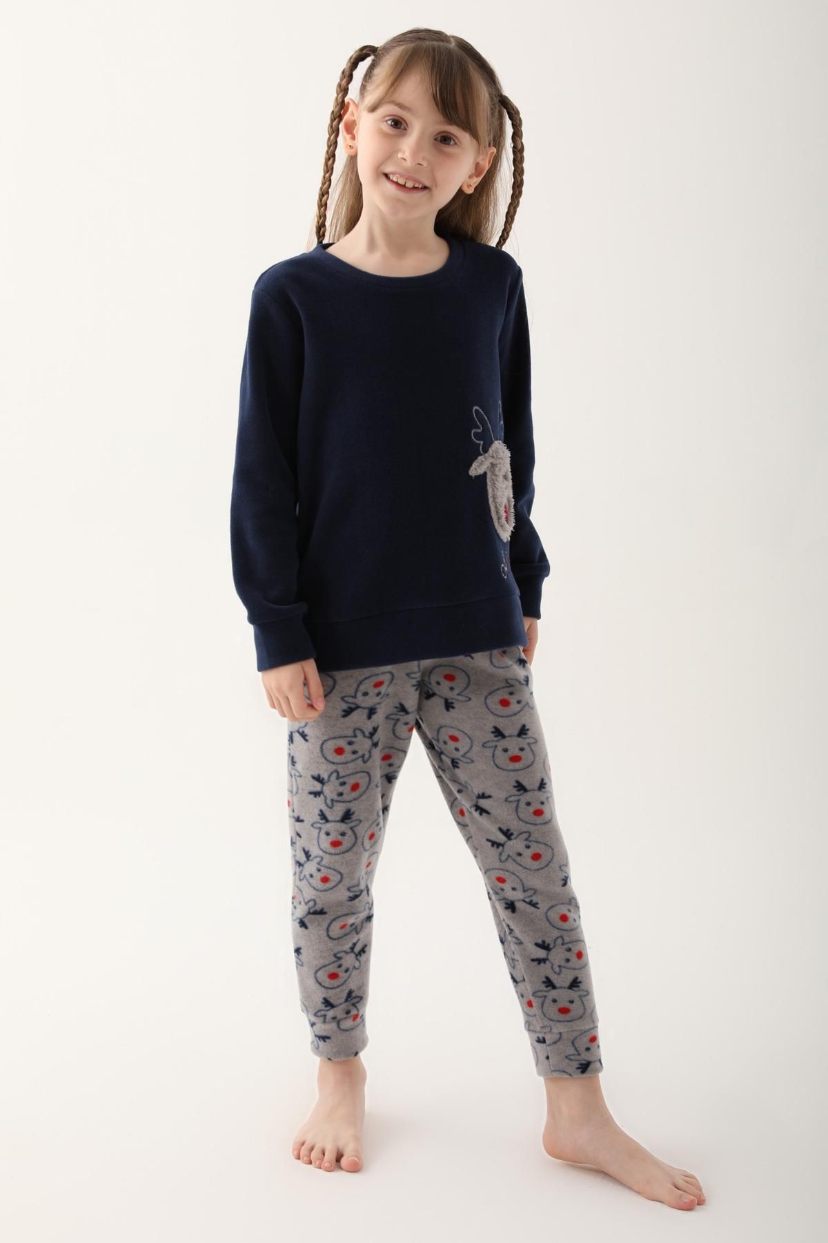 Arnetta-Oh Deer Navy Blue Girl's Long Sleeve Pajama Set 2