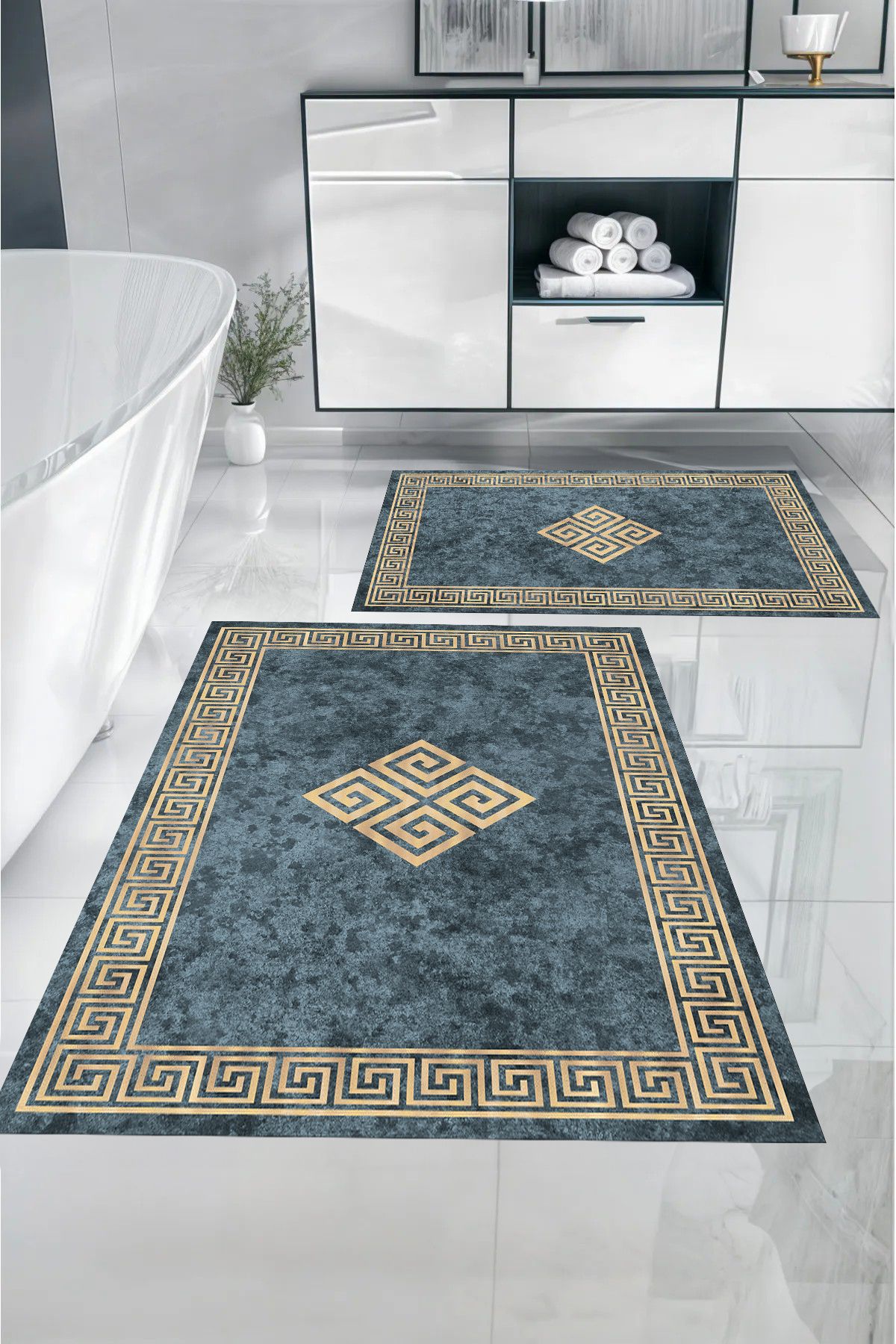 Napoli Home-Set de scaune de toaletă pentru baie model clasic, lavabil, imprimat digital, cu cadru, KLOZET-54-ALBASTRU, 8