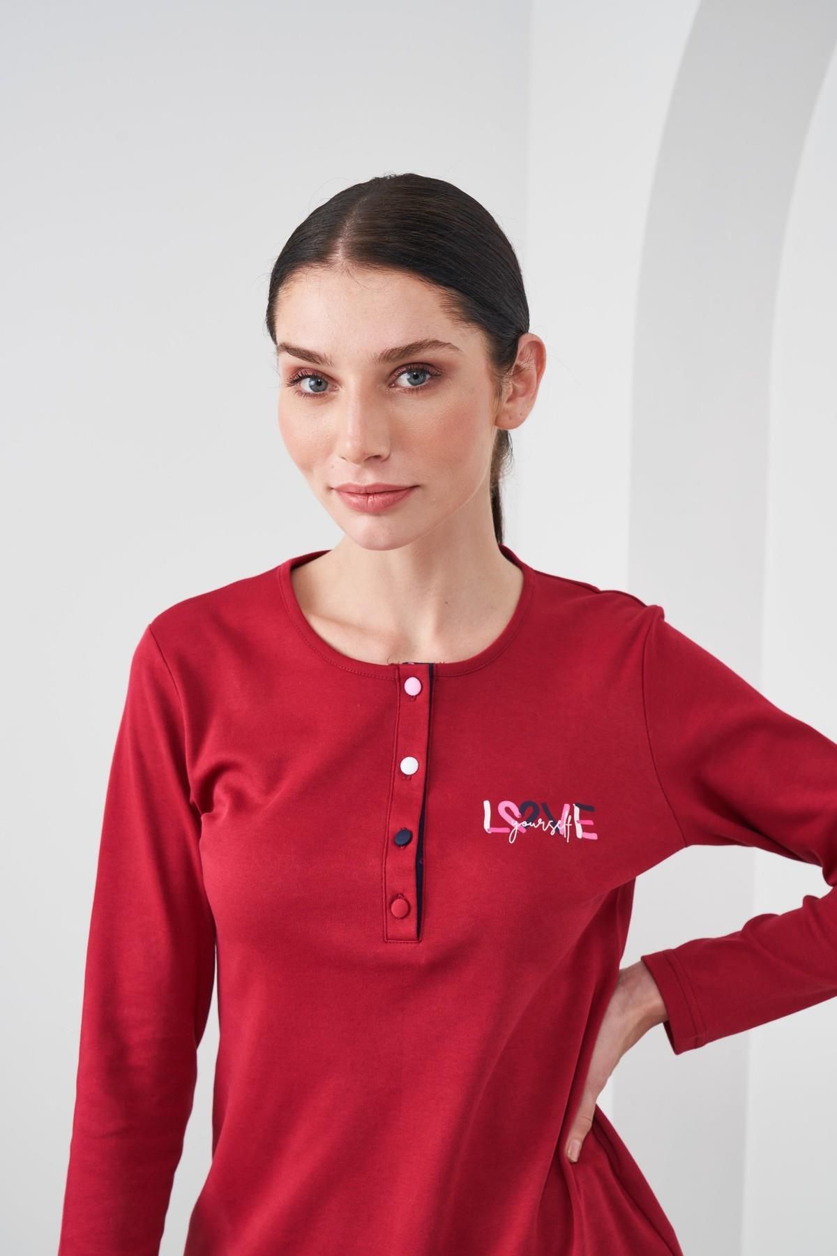 PJS-24540 Set de pijamale de damă cu mânecă lungă din bumbac roșu Claret 4