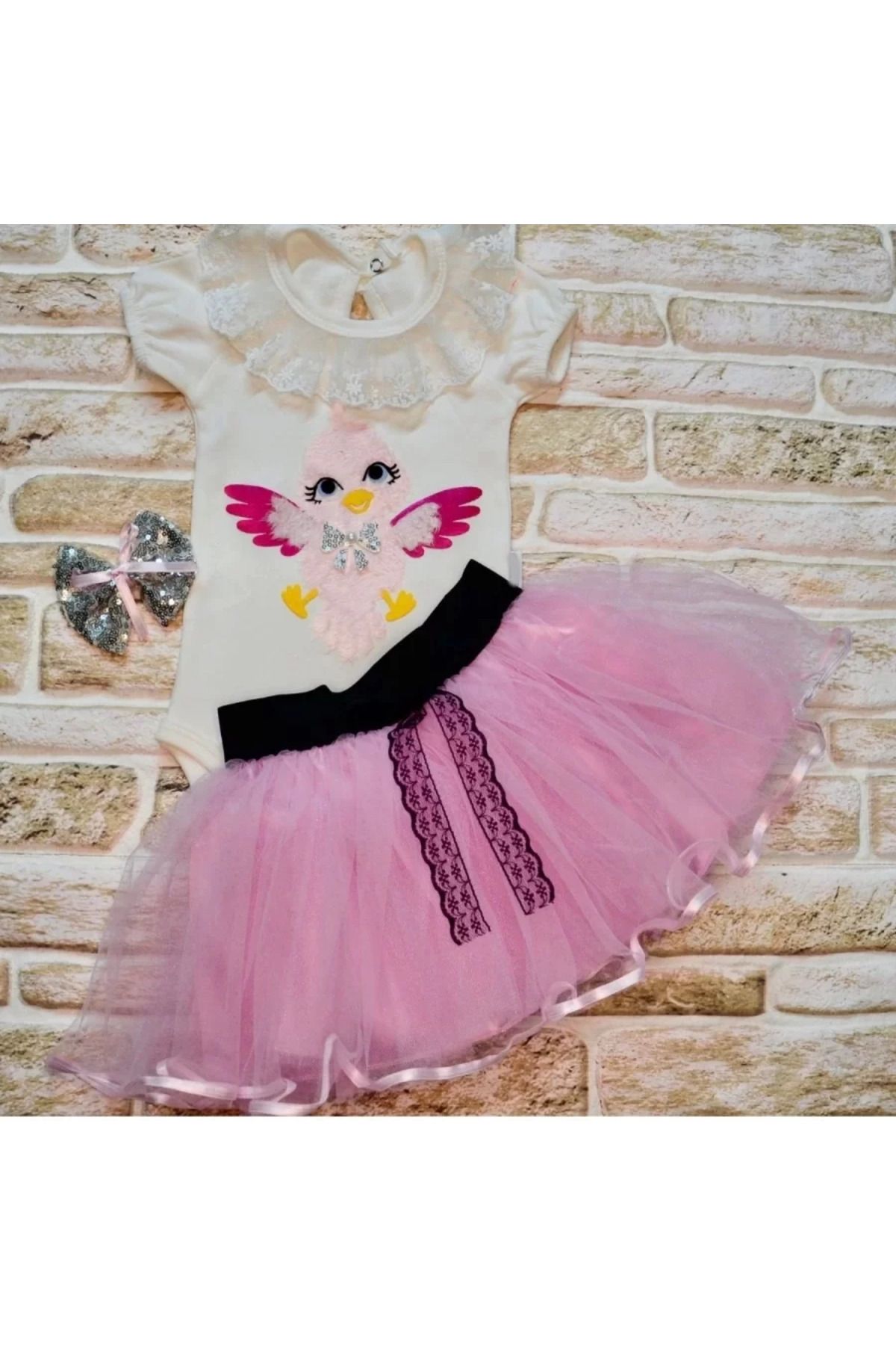 yusuftex Toka Hediyeli Kuş Desenli Tişört Tütü Etek 2li Kız Bebek Takımı Lila