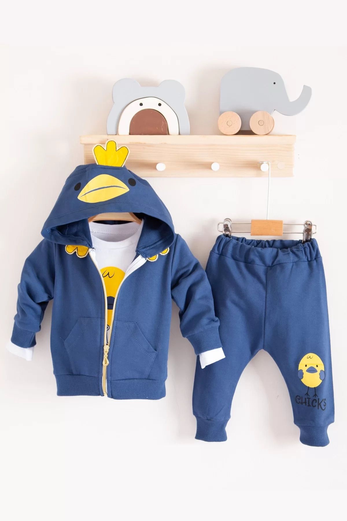 yusuftex Civciv Desenli Kapişonlu 3'lü Erkek Bebek Takımı