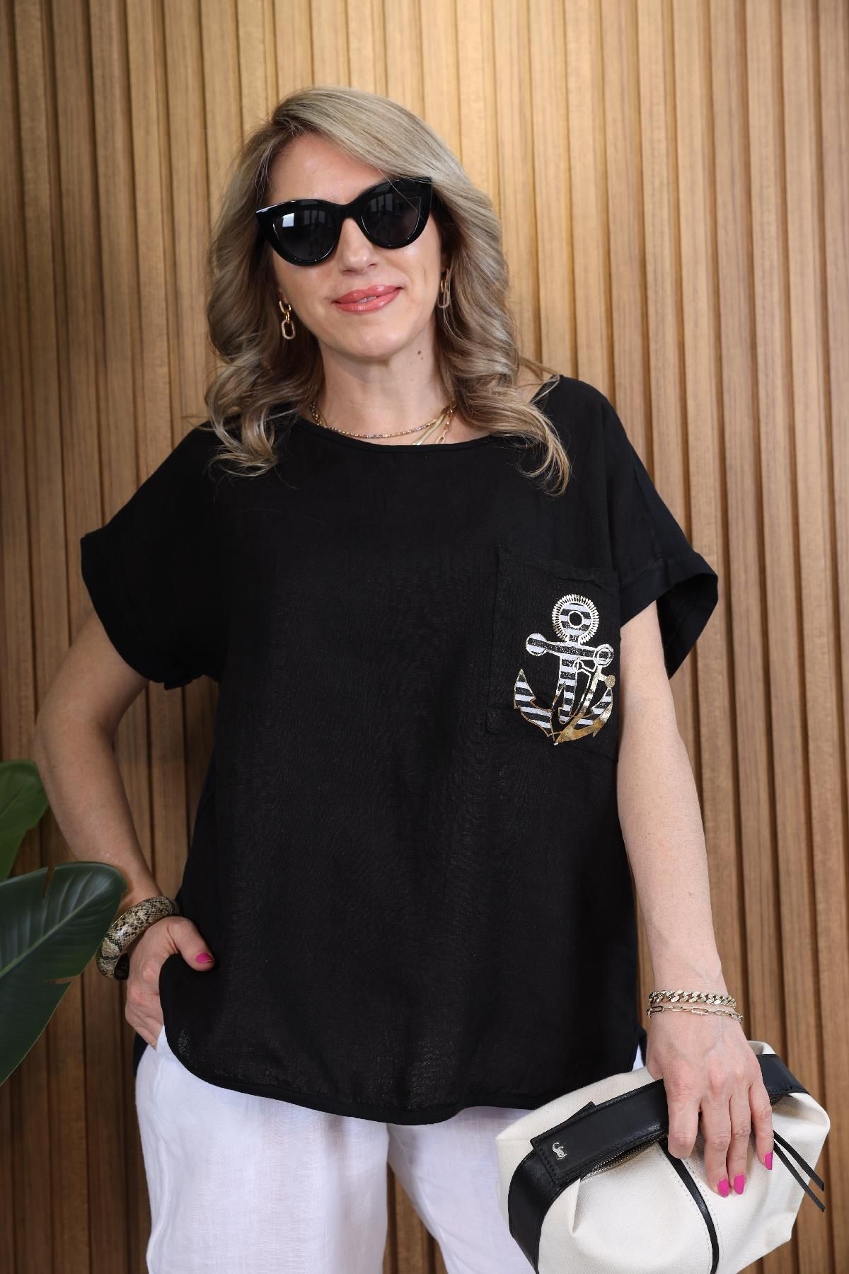 MİSLİNA BUTİK-Black T-shirt - Imported Pocket and Anchor Pattern 1