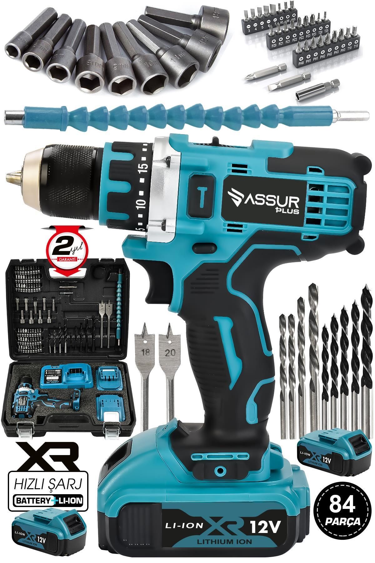 Jetta Power Tools Assur Plus 12v 2ah Şarjlı Matkap Darbesiz Metal Şanzuman Bakır Sargılı Çift Akülü 84 Parça Set Hediy