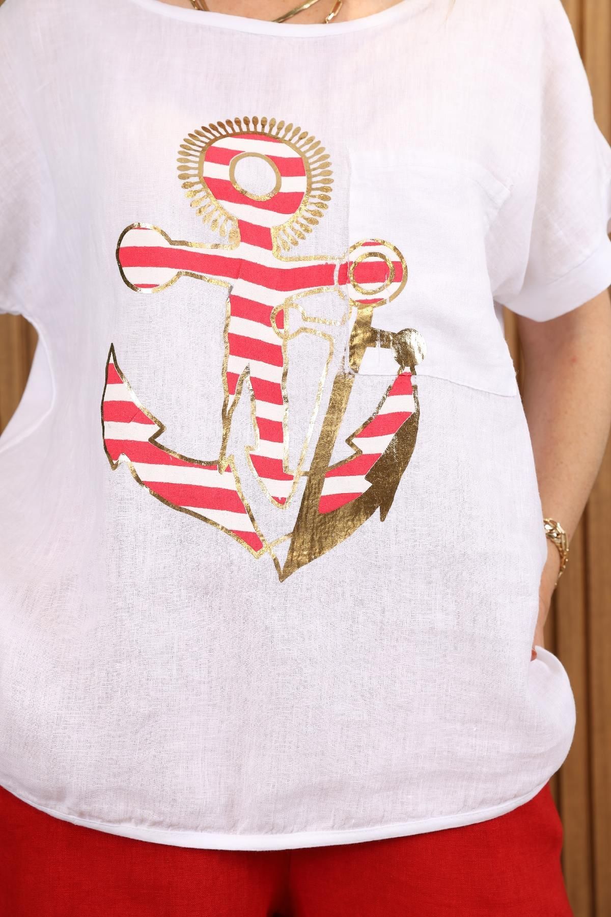 MİSLİNA BUTİK-Imported Red Anchor Model T-Shirt 8