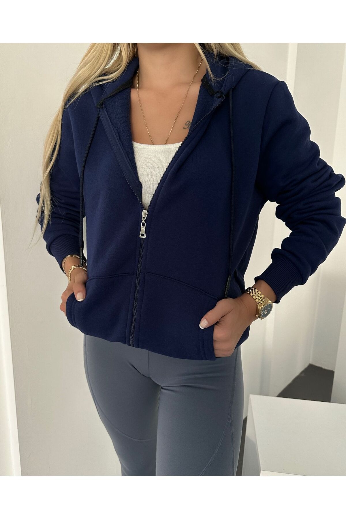 LE CARAMBOLE-Women's Navy Blue Hooded Zippered Oversize 3 Thread Ribbed Inside Combed Cotton Sweatshirt 1